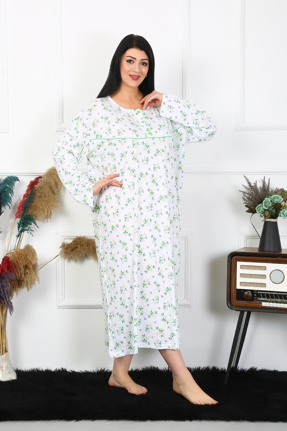 modaserdem-Women's Long Sleeve Plus Size Mother Nightgown-100% Cotton 4