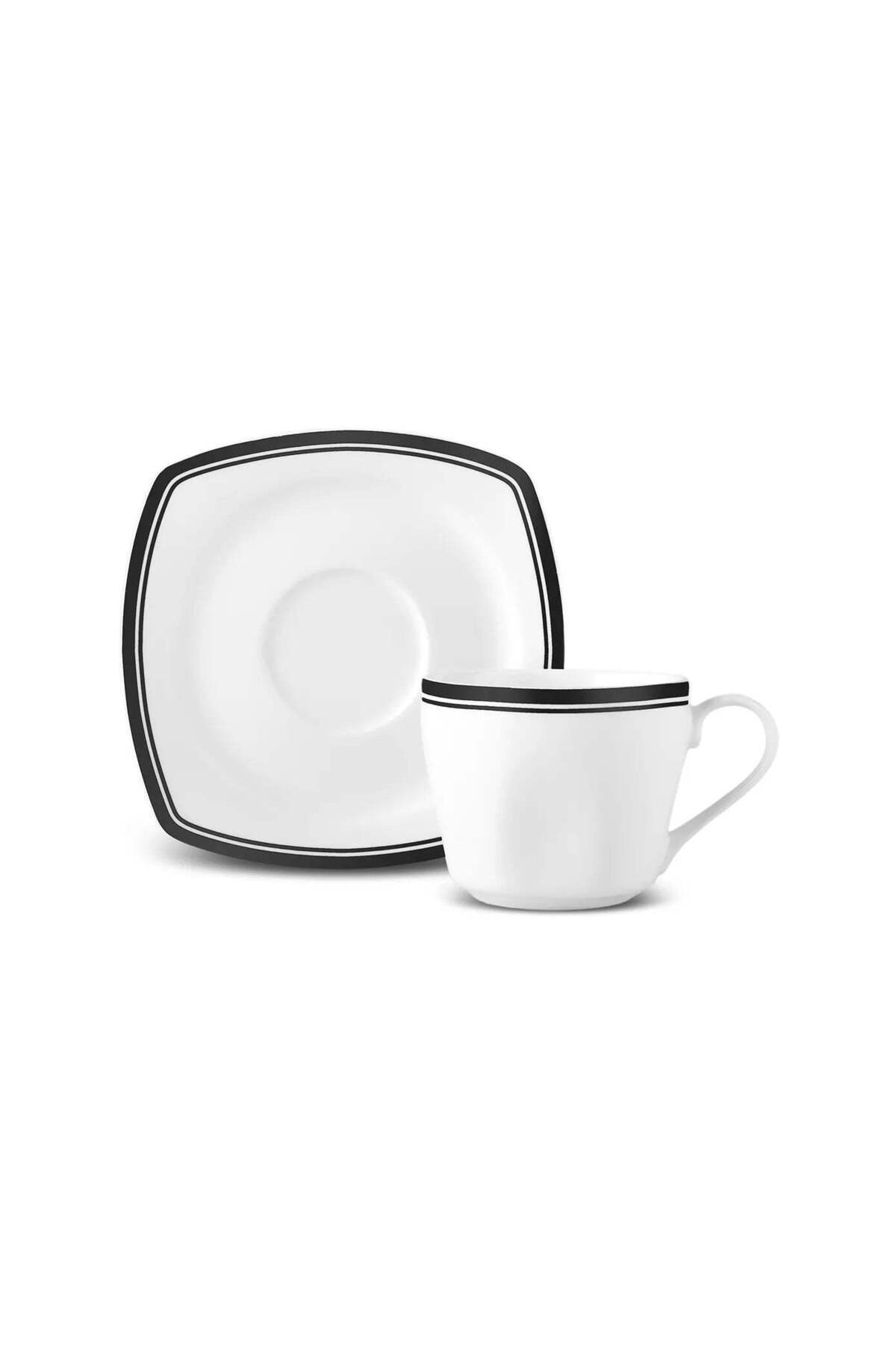 Karaca-Karaca Black Line 12-Piece Bone China Tea Cup and Saucer Set for 6 People, 220 ml, Black White 7
