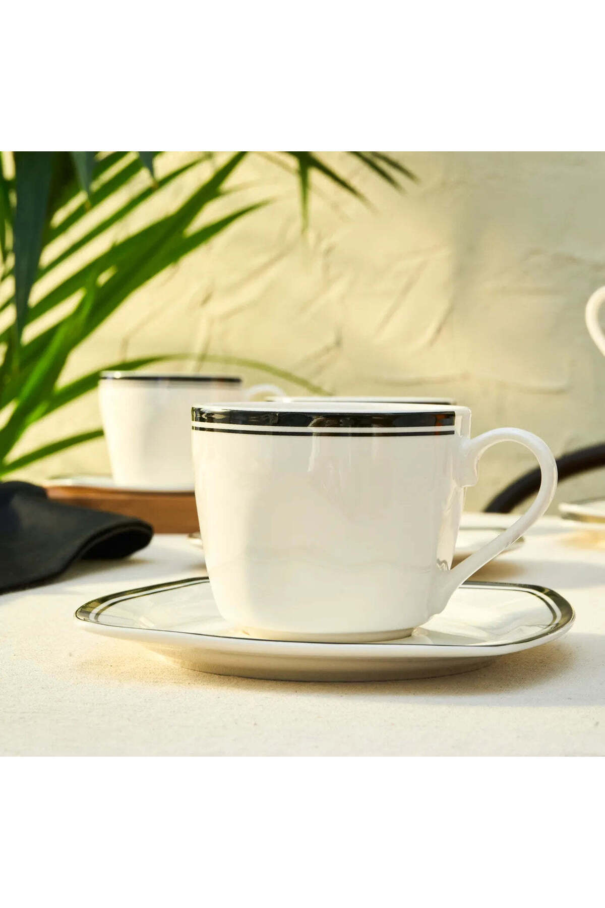 Karaca-Karaca Black Line 12-Piece Bone China Tea Cup and Saucer Set for 6 People, 220 ml, Black White 3