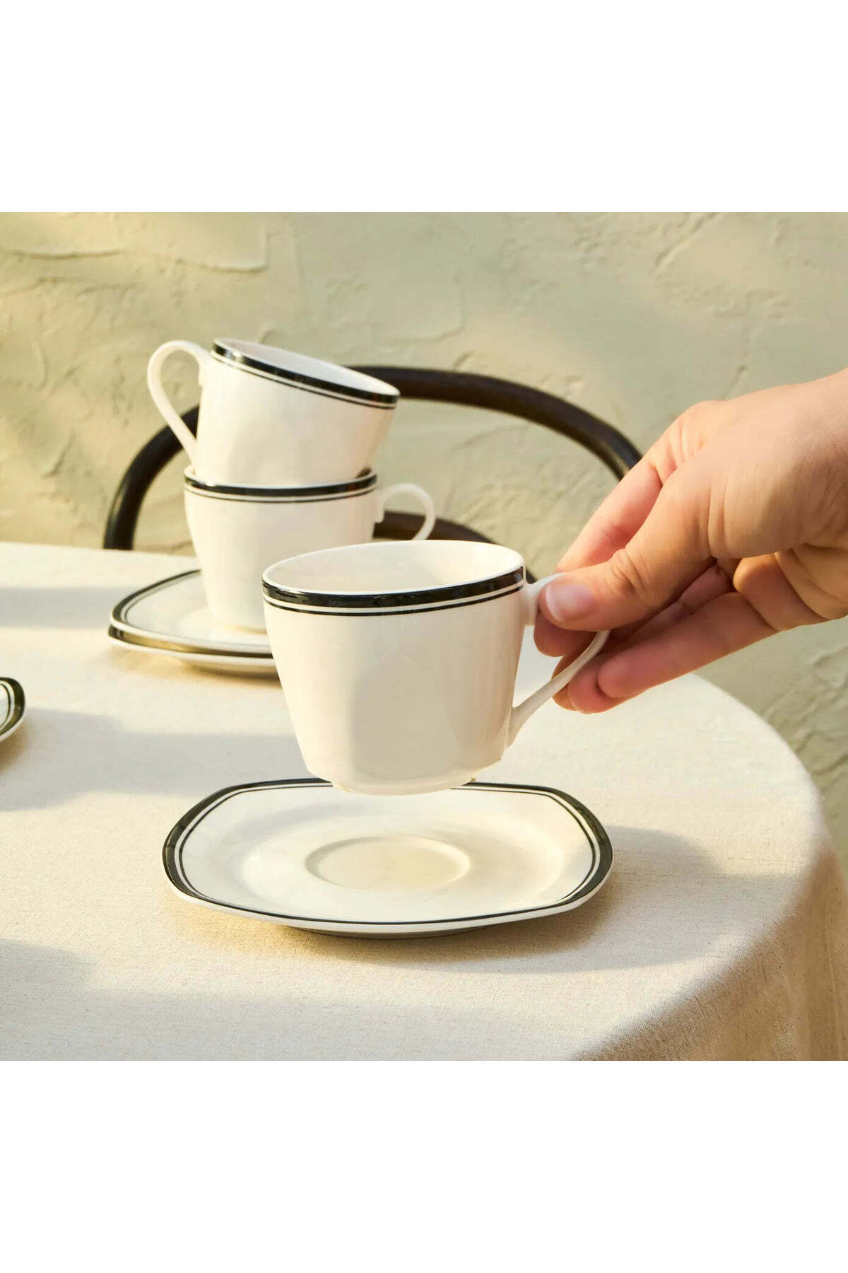 Karaca-Karaca Black Line 12-Piece Bone China Tea Cup and Saucer Set for 6 People, 220 ml, Black White 5