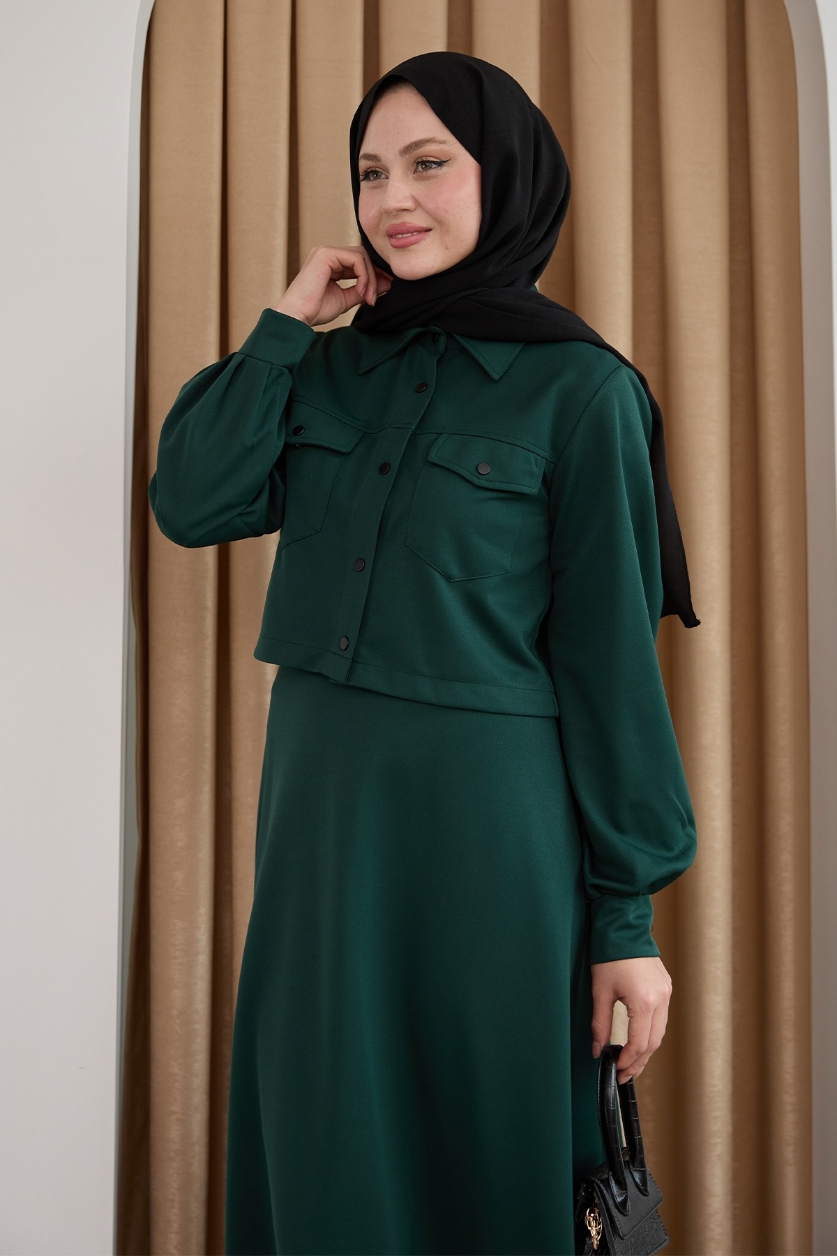 InStyle-Buttoned Bolero Skirt Emerald Green Suit 2
