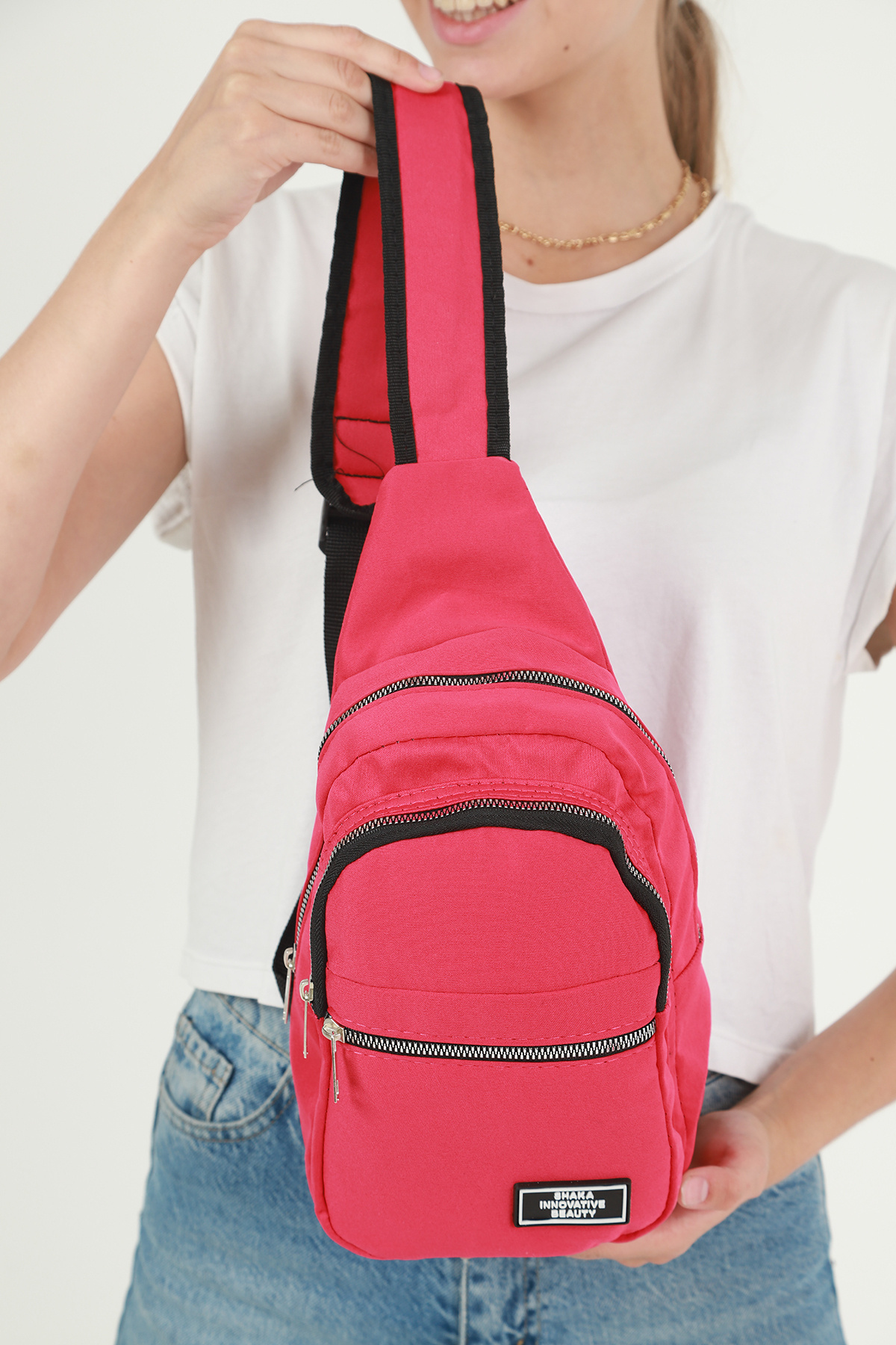 SHAKA Fuşya U3 3 Bölmeli Ayarlanabilir Çapraz Askılı Kanvas Unisex Bel Ve Omuz Çantası B:30 E:15 görsel 4
