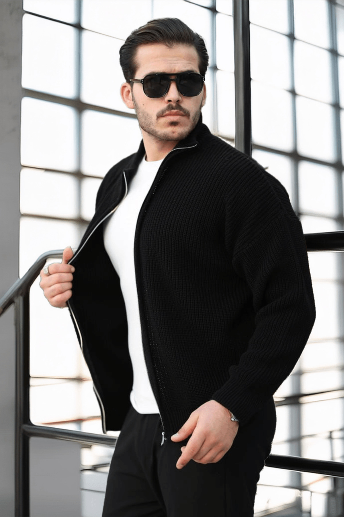 Valiberta  Woody Oversize Selanik Örme Fermuarlı Erkek Hırka- Siyah - Görsel 6