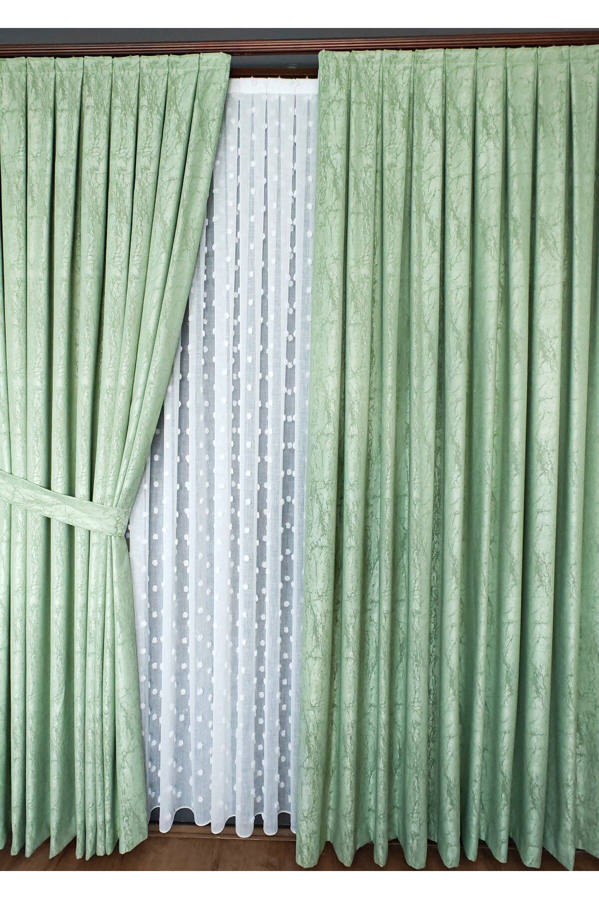 Yuka-Luxury Satin Textured Marble Pattern Panel Background Curtain 1/3 Dense Pleated Single Wing 6