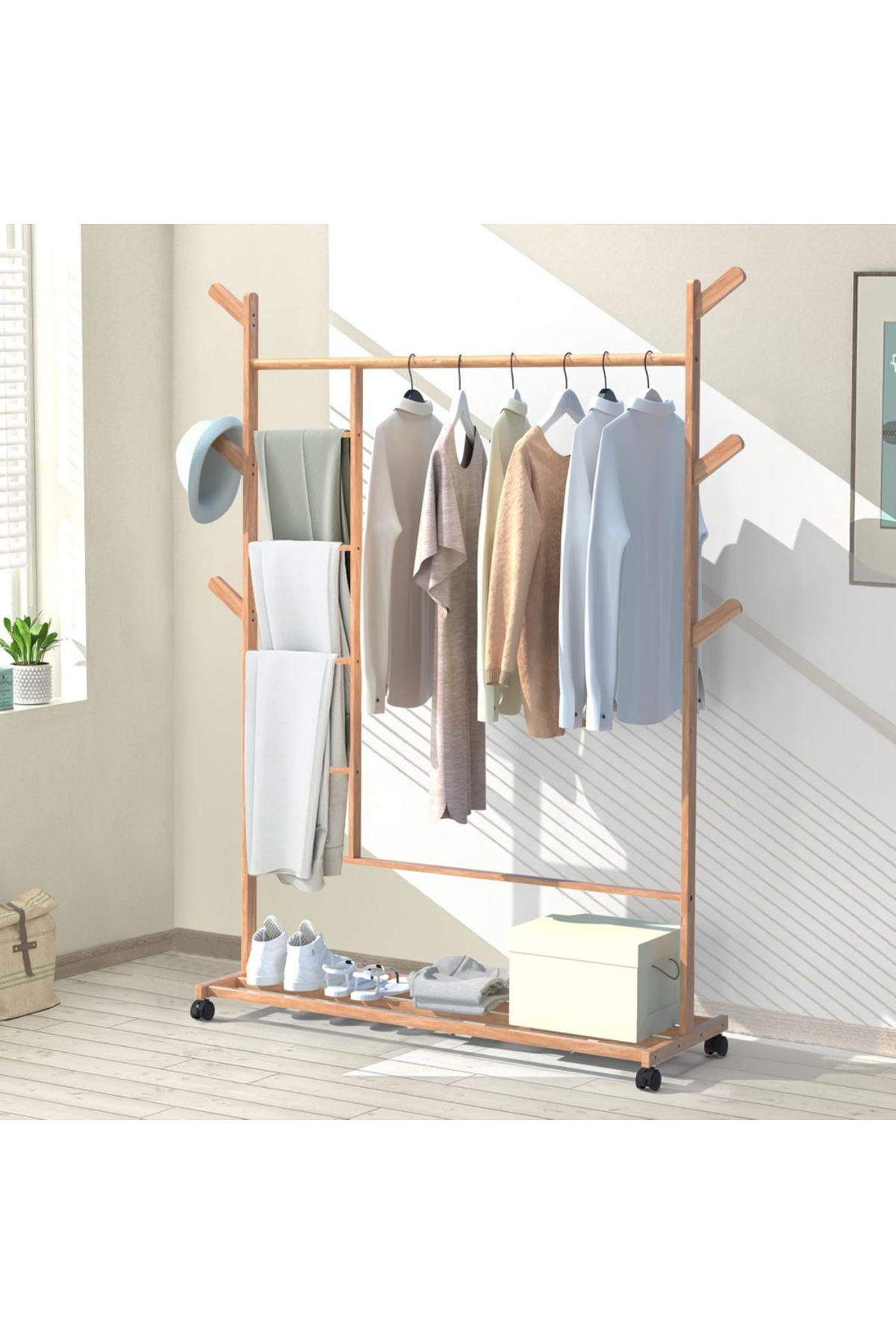 Quasar & Co.-Hallway hanger, Quasar & Co.®, with wheels, suitable for clothes/shoes, bamboo, 100x35x155 cm, natural 4