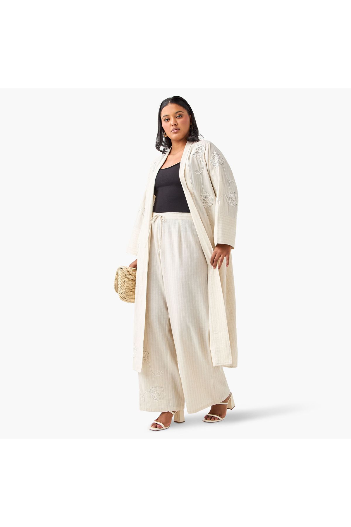 Ulla Popken-Plus Size Ulla Popken Textured Wide Leg Pants with Drawstring Closure 2