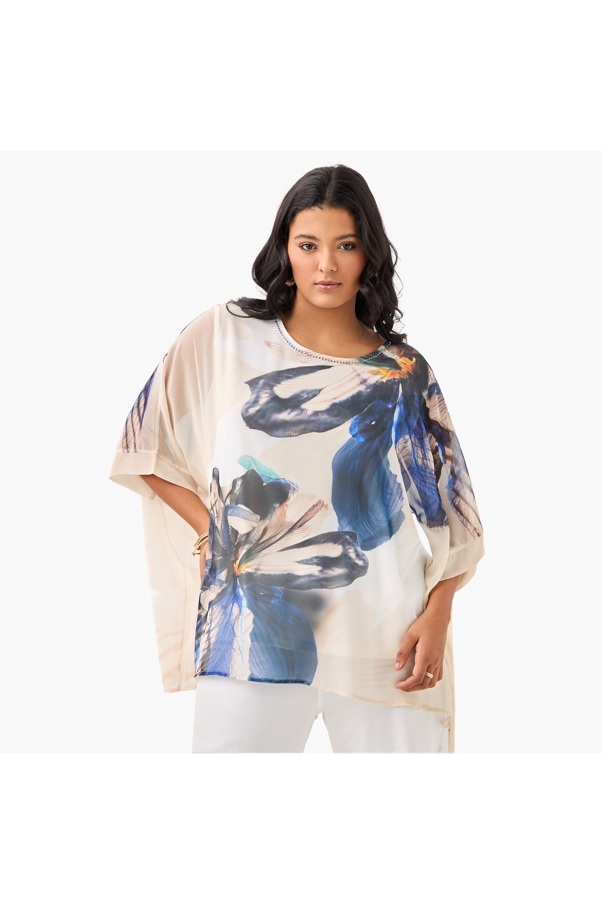 Ulla Popken-Plus Size Ulla Popken Floral Print Top with Extended Sleeves 1