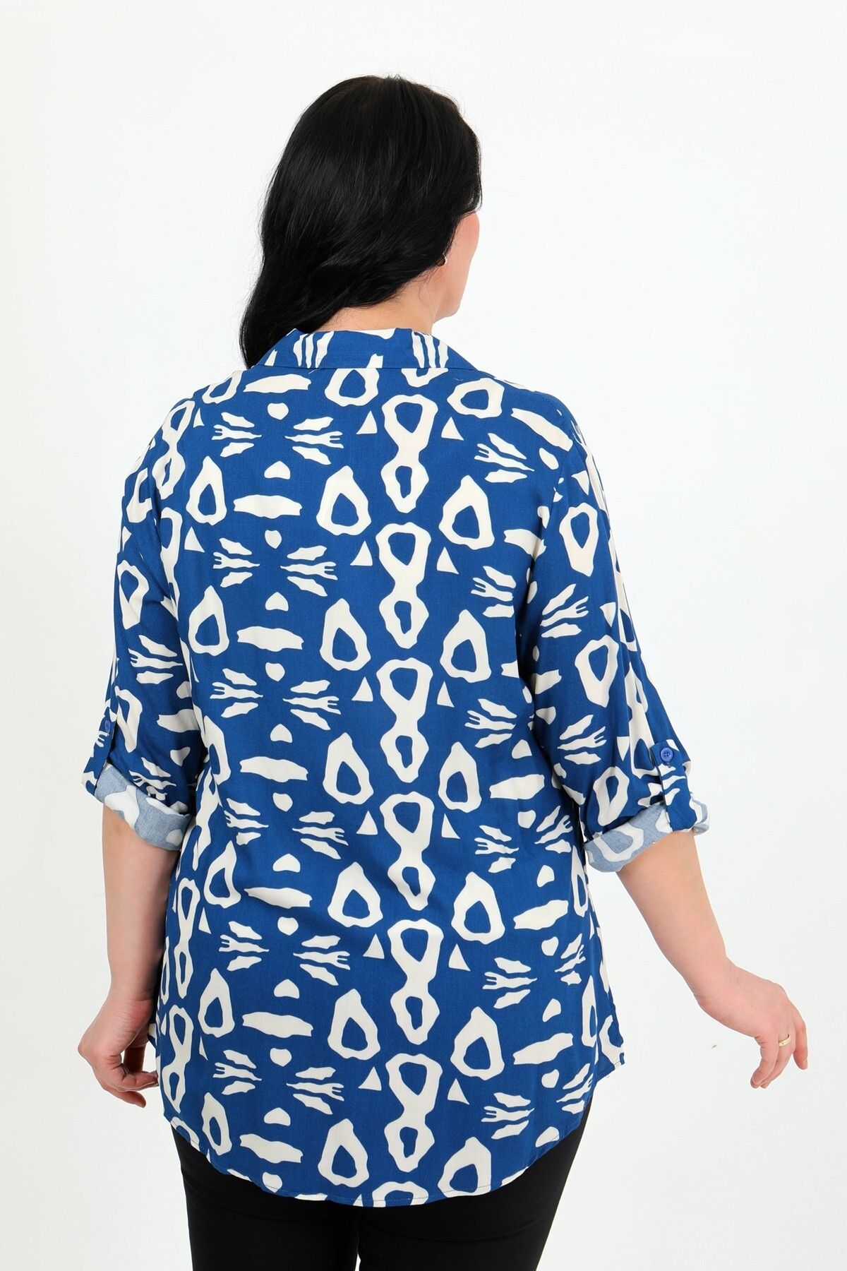 By Alba Collection-Women's Indigo Patterned Cotton Viscose Plus Size Shirt 3