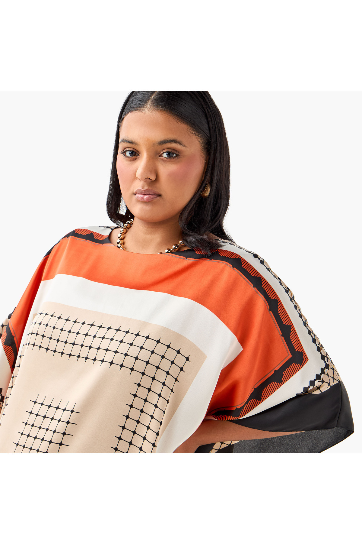 Ulla Popken-Ulla Popken Plus Size Printed Kaftan Top with Round Neck 4