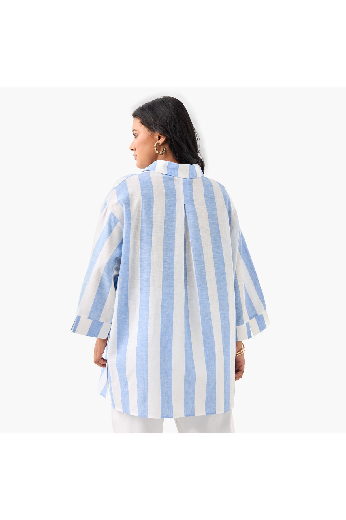 Ulla Popken-Plus Size Ulla Popken Striped Linen Top with Collar and Long Sleeves 3