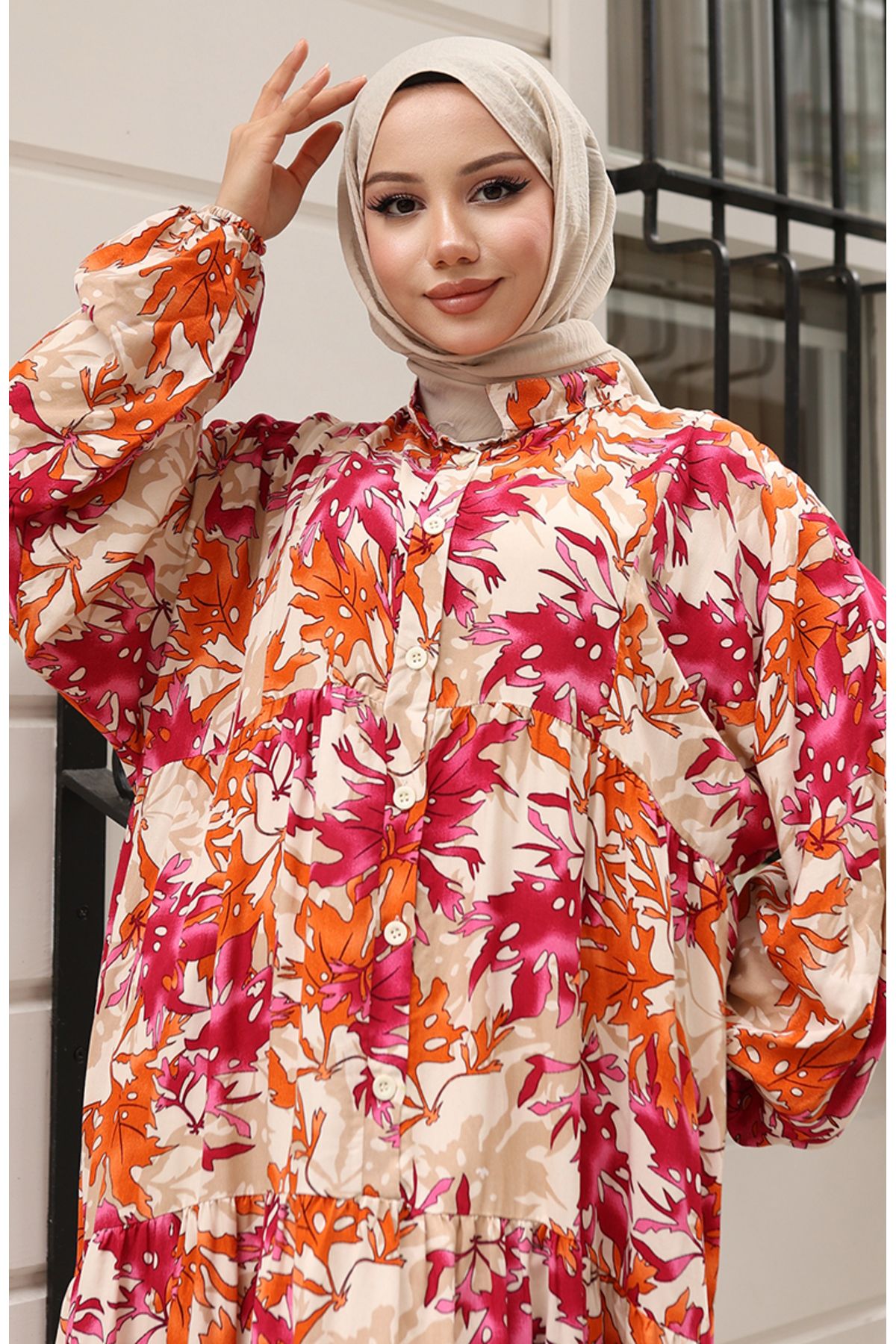 sefamerve-Alaçatı Pattern Buttoned Dress 2021-05 Fuchsia Tile 3
