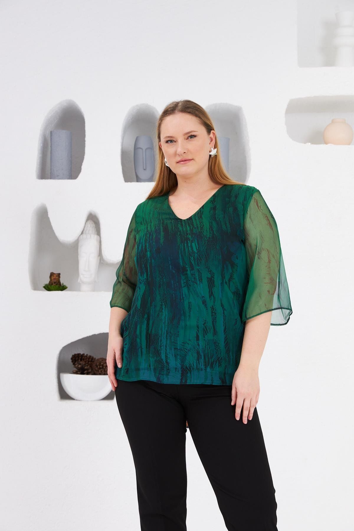 RMG-Large Size Lined Chiffon Blouse Green 3