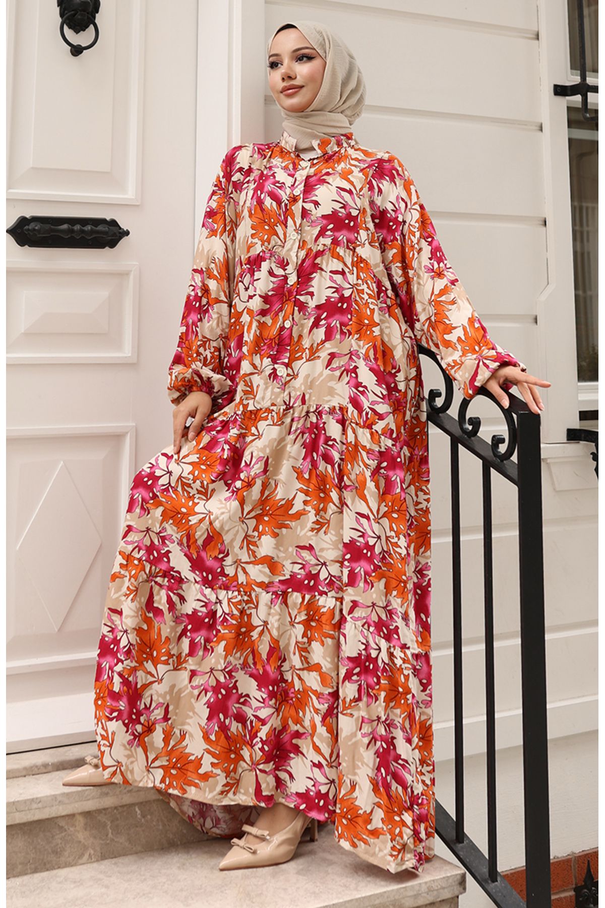 sefamerve-Alaçatı Pattern Buttoned Dress 2021-05 Fuchsia Tile 2