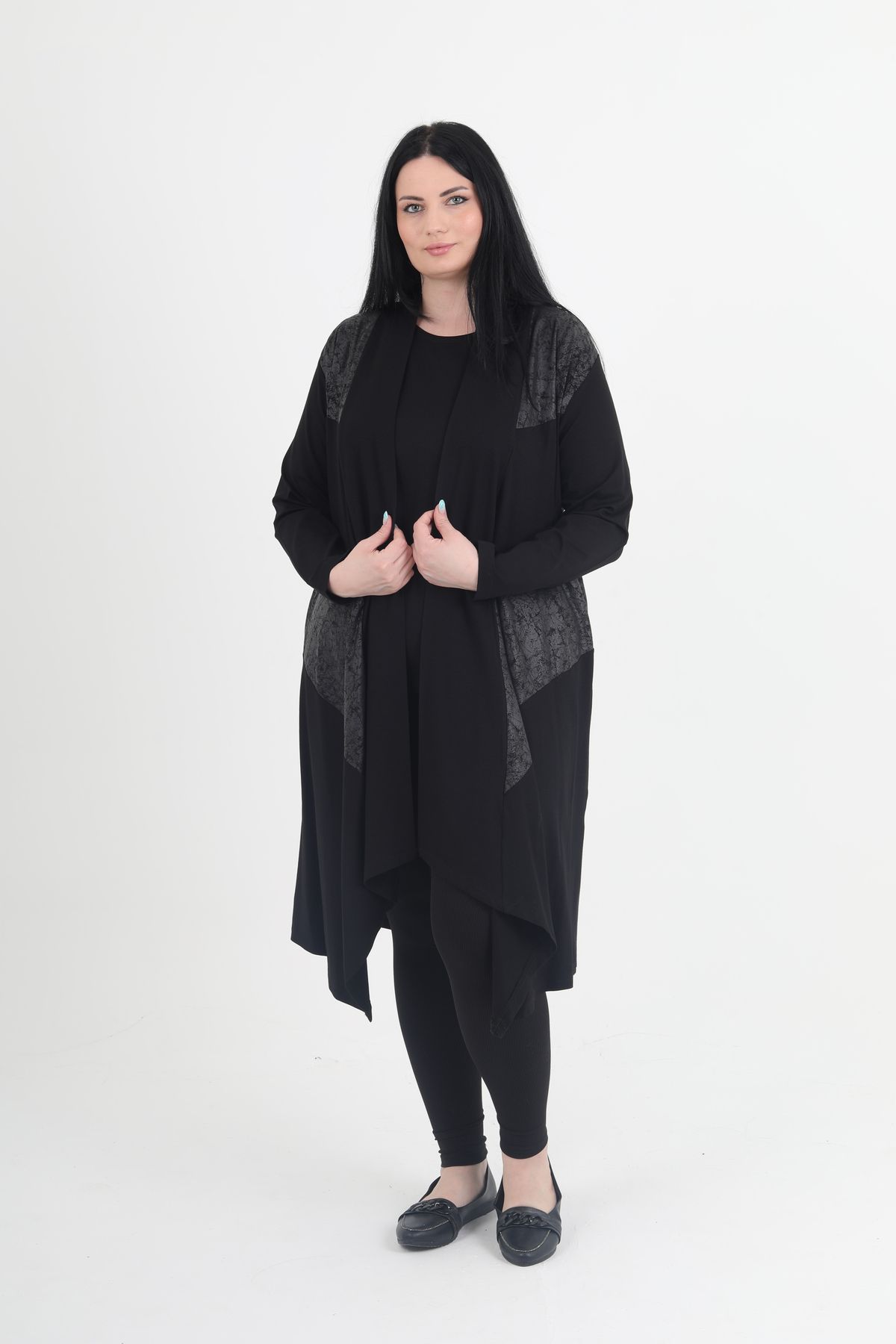 GNR-Leather Patterned Large Size Combed Cardigan Inner and Outer Set 3