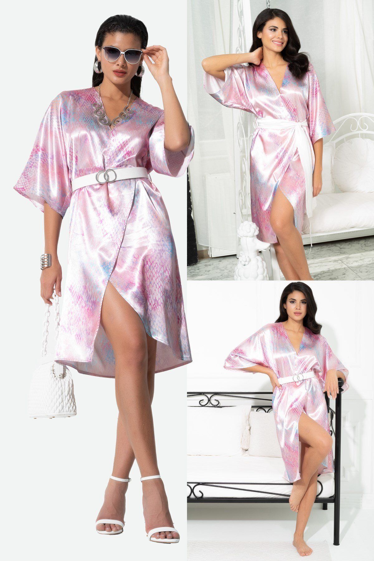 FOR YOU MODA V Yaka Yılan Desen Kemerli Pembe Sabahlık Elbise