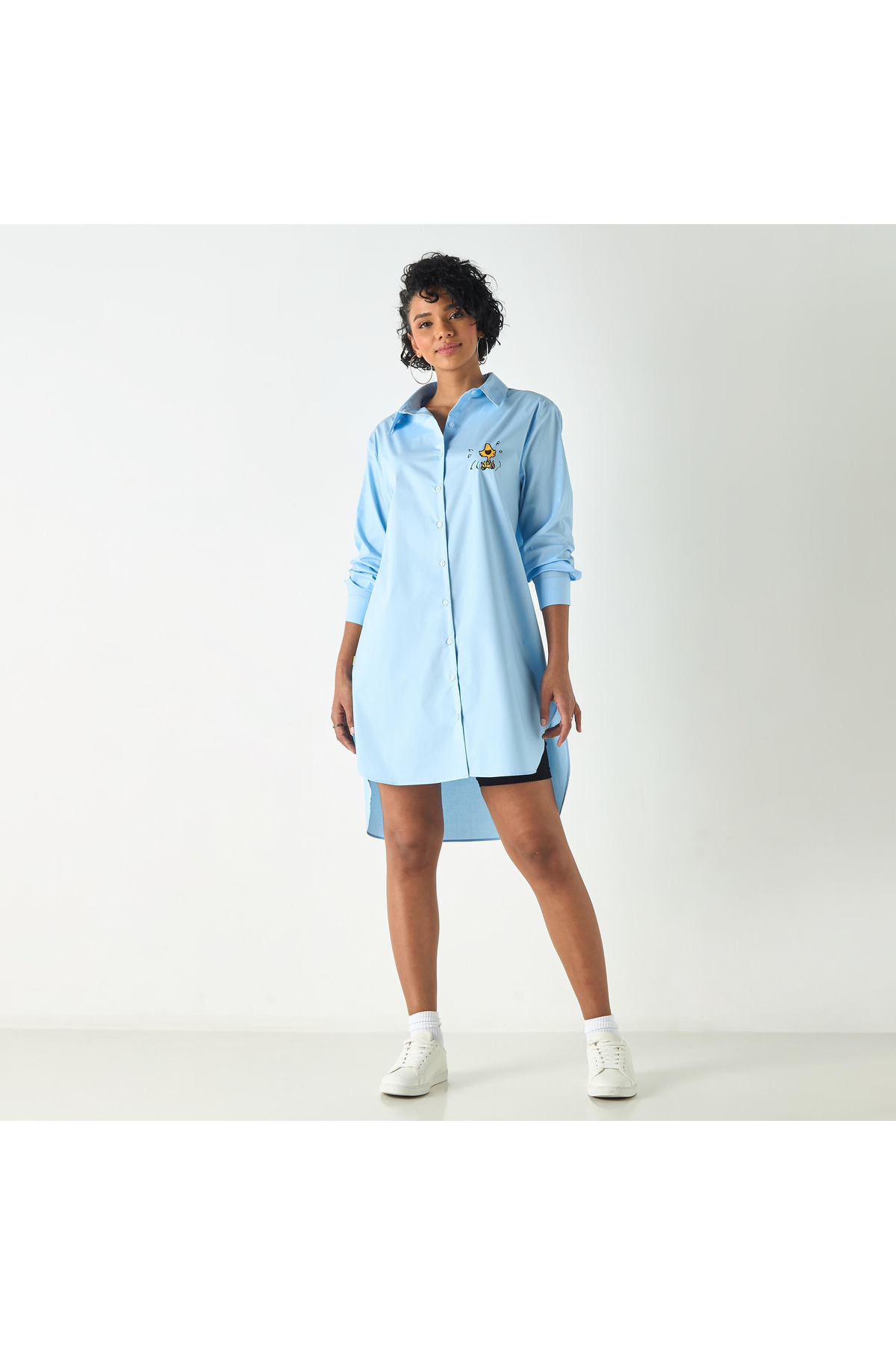 SP Characters-Snoopy Dog Print High Low Shirt Dress with Long Sleeves 2