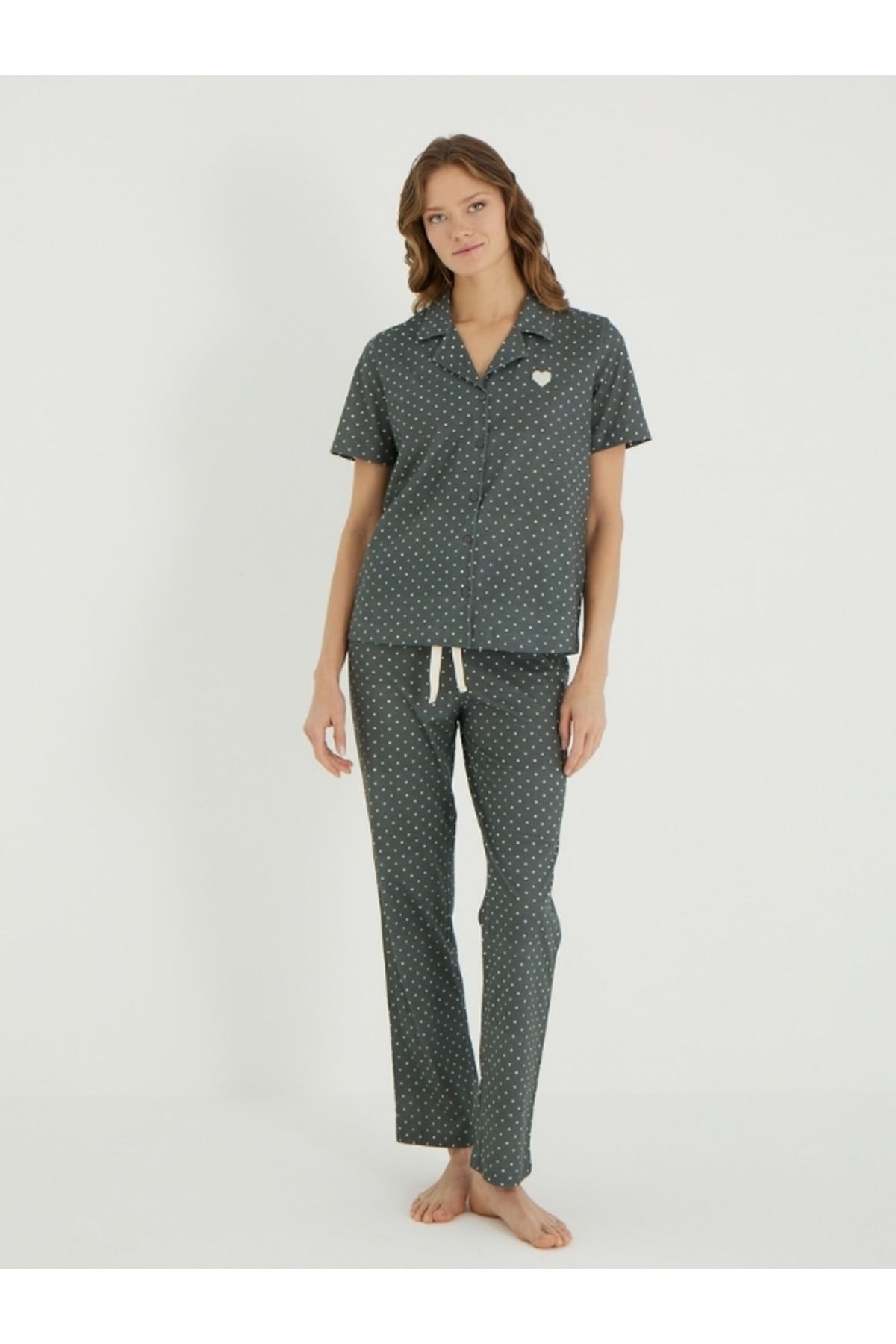 İPEKTENİM-Polka Dot Patterned Back Printed Buttoned Couple Pajama Set 1
