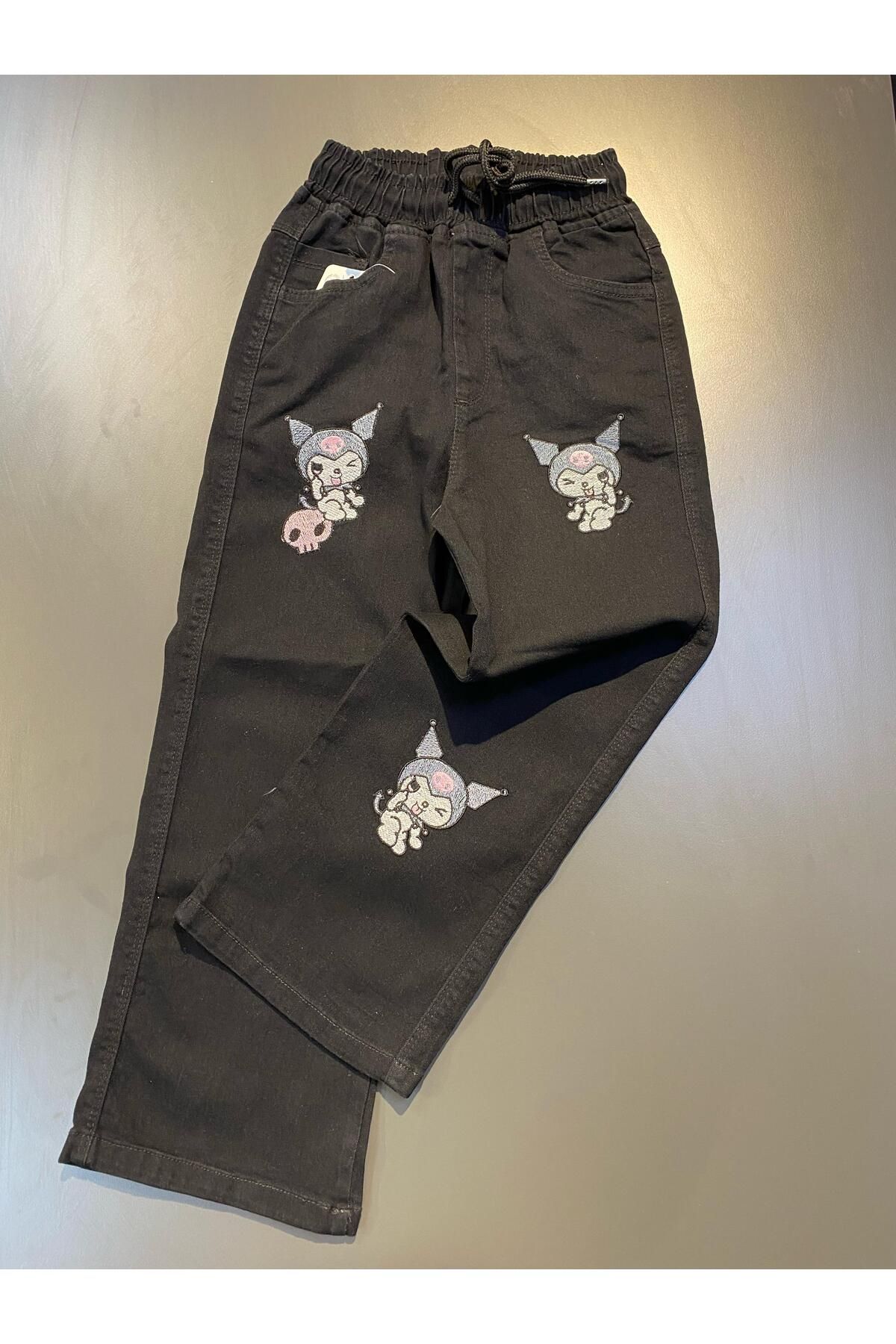 Siyah Beli Ayarlanabilir Lastikli Kuromi Baskılı Kız Çocuk Jean Pantolon