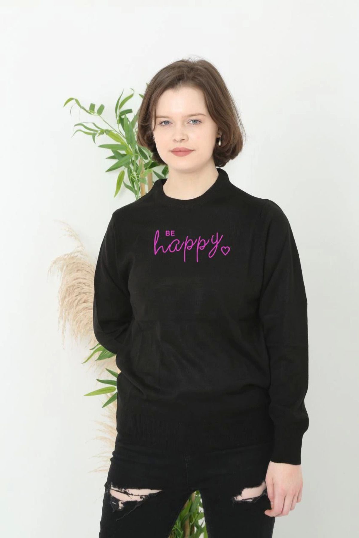 Pink Stil Baskılı Uzun Kol Yarım Boğazlı Dokuma Triko - Siyah Pink Stil