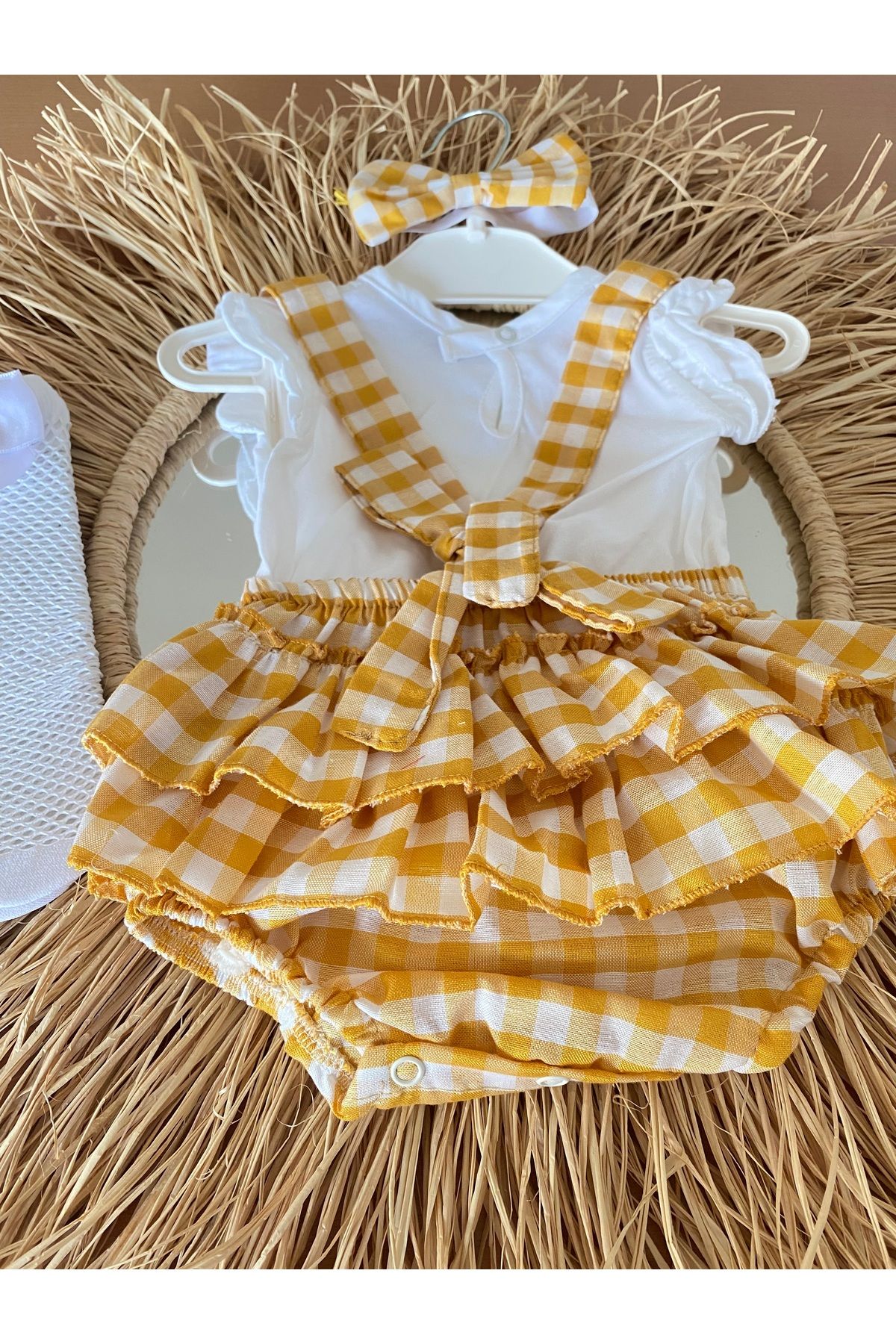 EBRU ÖZÖRGÜCÜ-Girl's Gingham Romper Blouse Bandana and Socks Set 2