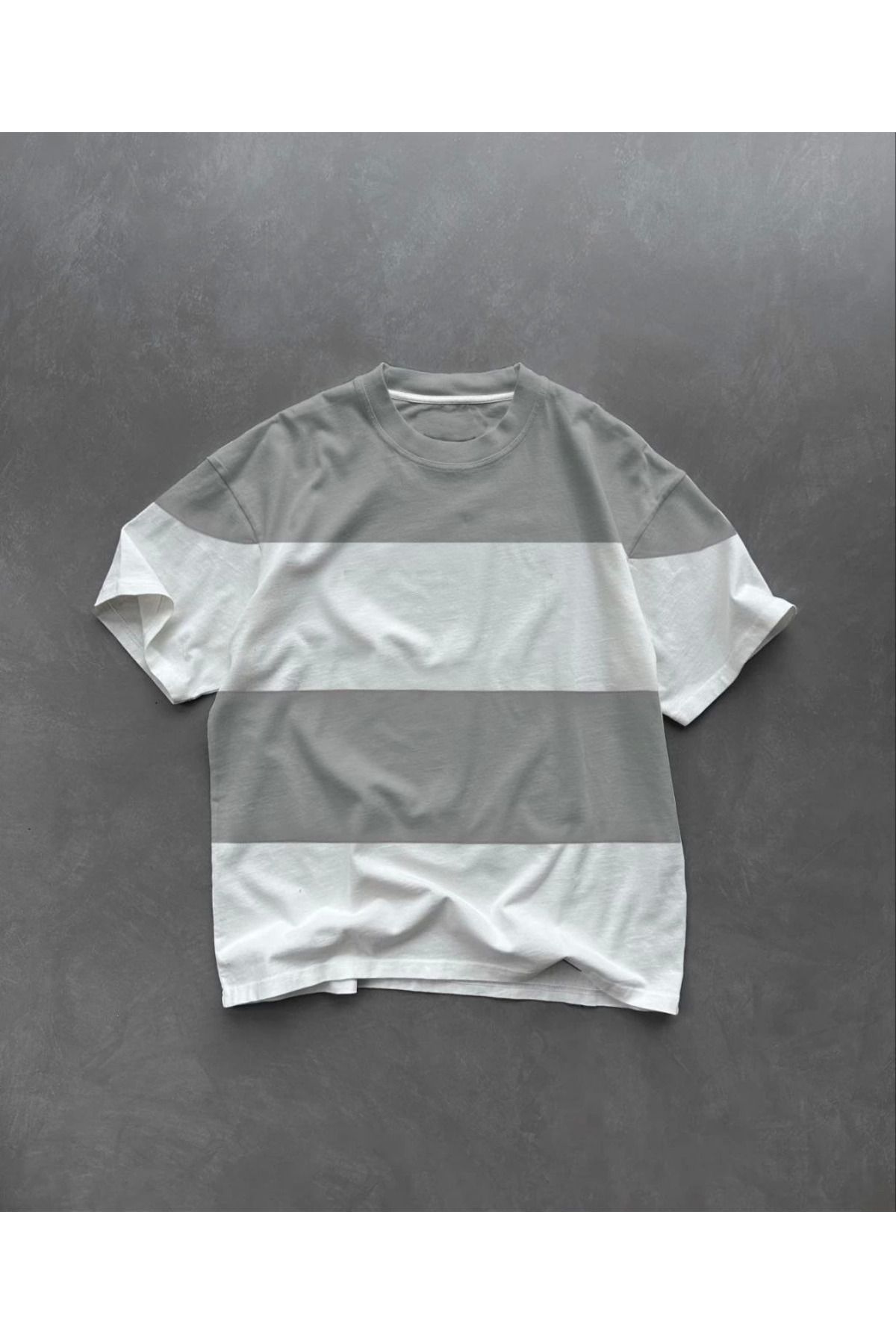 Pink Stil Unisex Bisiklet Yaka Parçalı T-Shirt - Gri Pink Stil