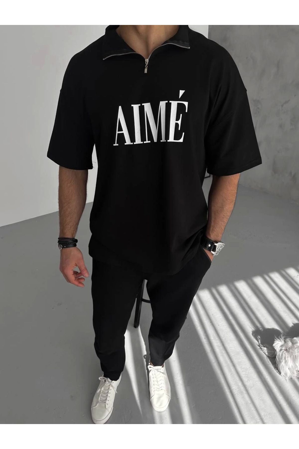 Pink Stil Unisex Yarım Fermuarlı Baskılı T-Shirt - Siyah Pink Stil