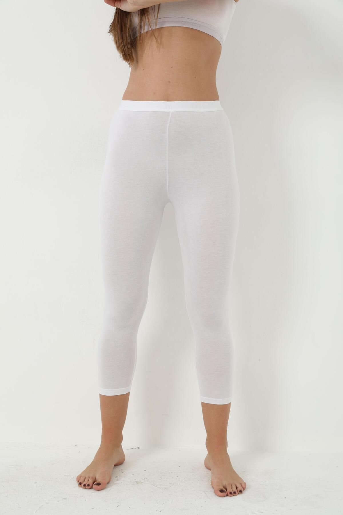Arma Yıldız-White Bamboo Below Knee Capri Leggings Women's High Waist 5