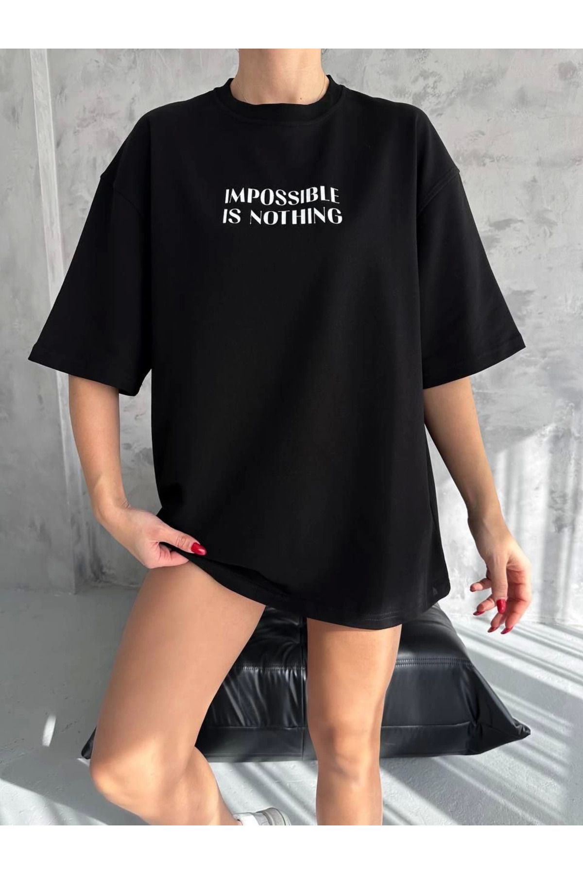 Pink Stil Unisex Bisiklet Yaka Baskılı Oversize T-Shirt - Siyah Pink Stil