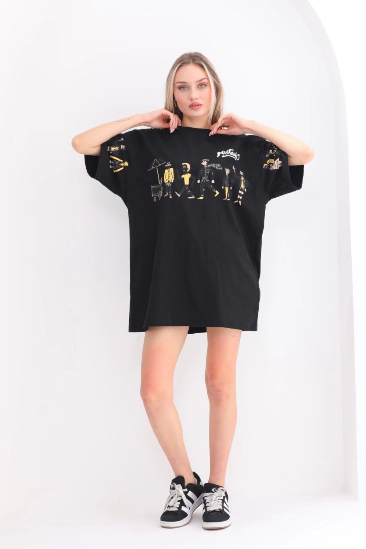 Vemora Unisex Bisiklet Yaka Baskılı Oversize T-Shirt - Siyah