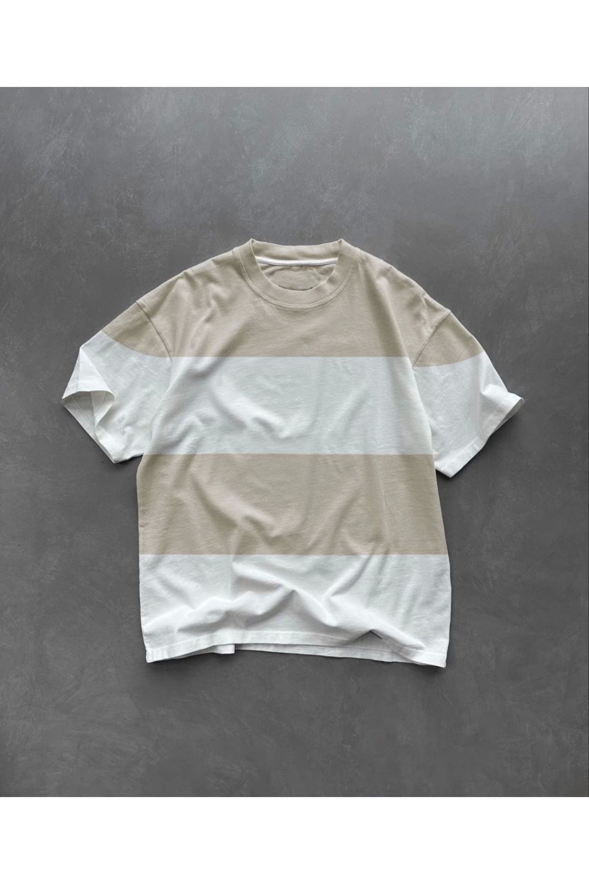Pink Stil Unisex Bisiklet Yaka Parçalı T-Shirt - Bej Pink Stil