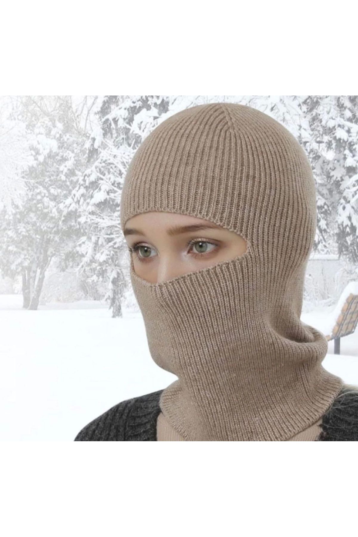 Pink Stil Kışlık Kar Maske Dokuma Triko Bere - Kahverengi