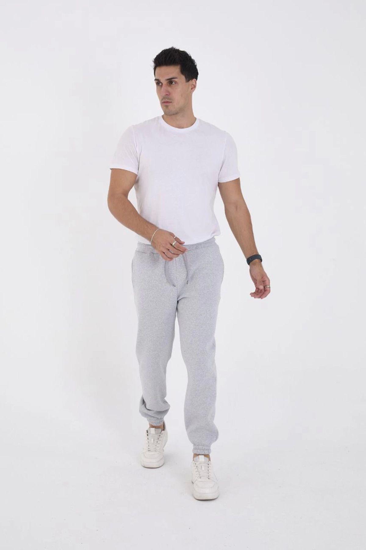 Pink Stil Unisex Kışlık Üç İplik Lastikli Eşofman Pantolon - Gri