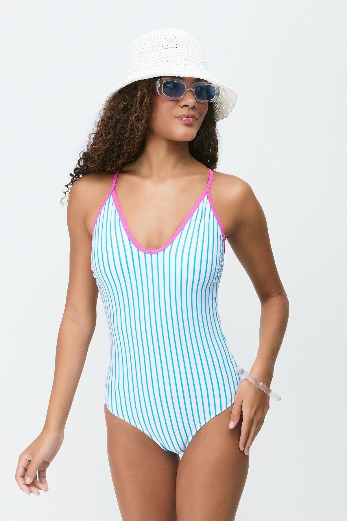 C&City-Costum de baie cu bretele cu gât în ​​U 7782 Albastru 3