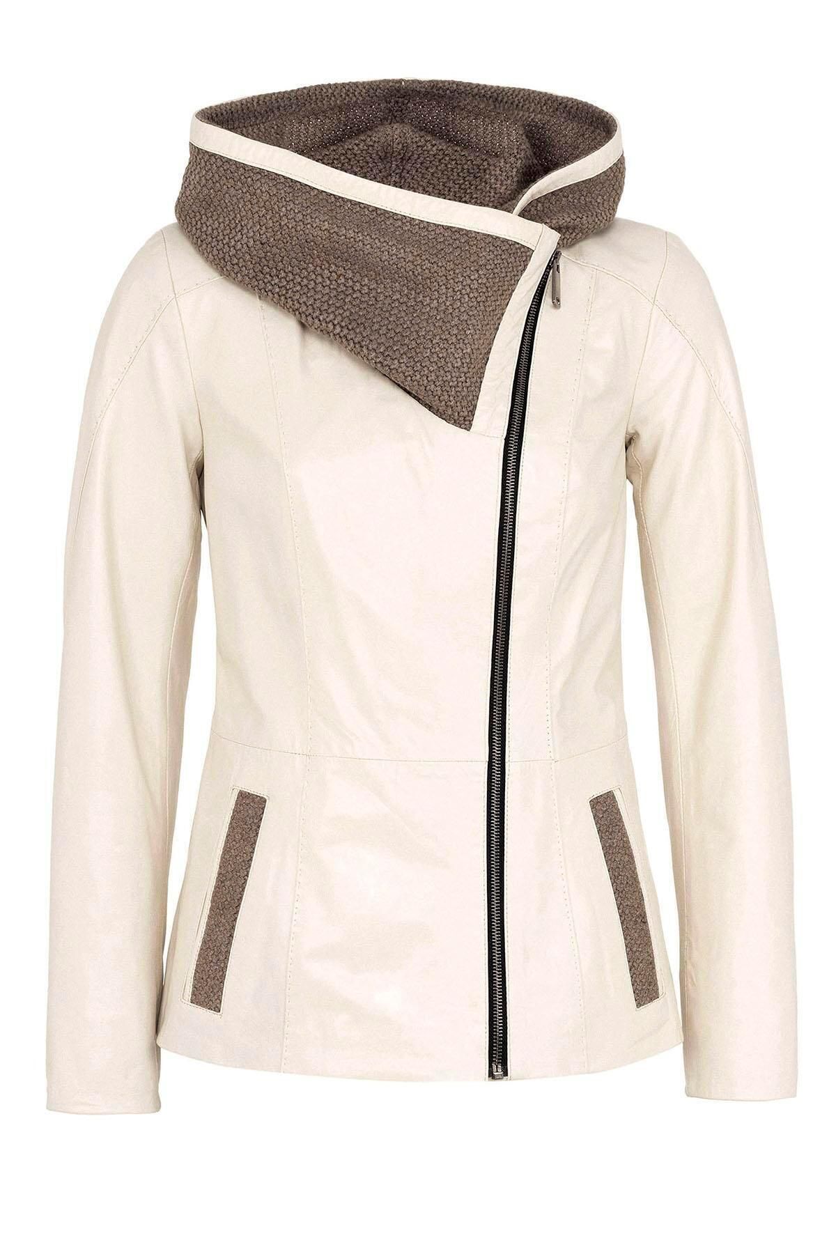 Deriderim  Bej Antonia Triko Kapüşonlu Kadın Hakiki Deri Mont - Görsel 6