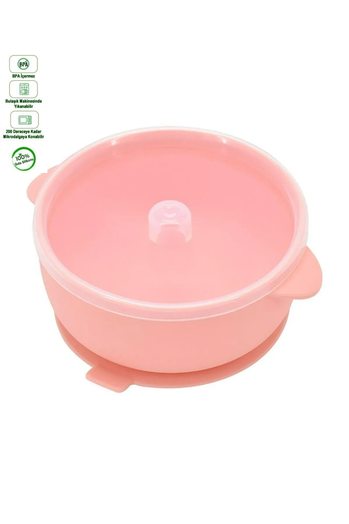 GÜLÜMSE BEBEK Silikon Beslenme Seti, Vakumlu Kapaklı Mama Kasesi, Silikon Önlük, Silikon Kaşık Ve Çatal / Pembe fotoğrafı 3 (önizleme)
