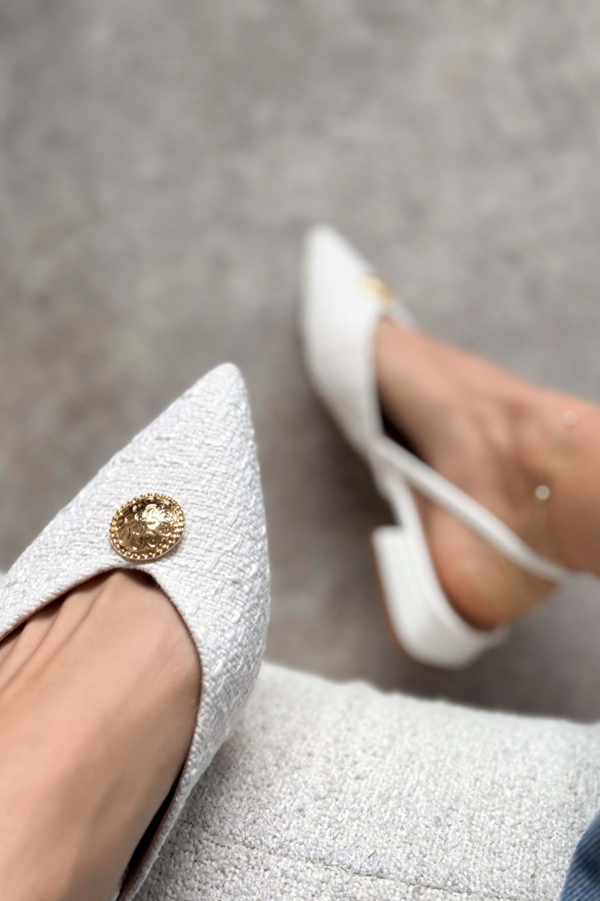 NİŞANTAŞI SHOES-Cassandra Weißer Teppich Accessoire Detail Kurzer Absatz Damen Babet 7