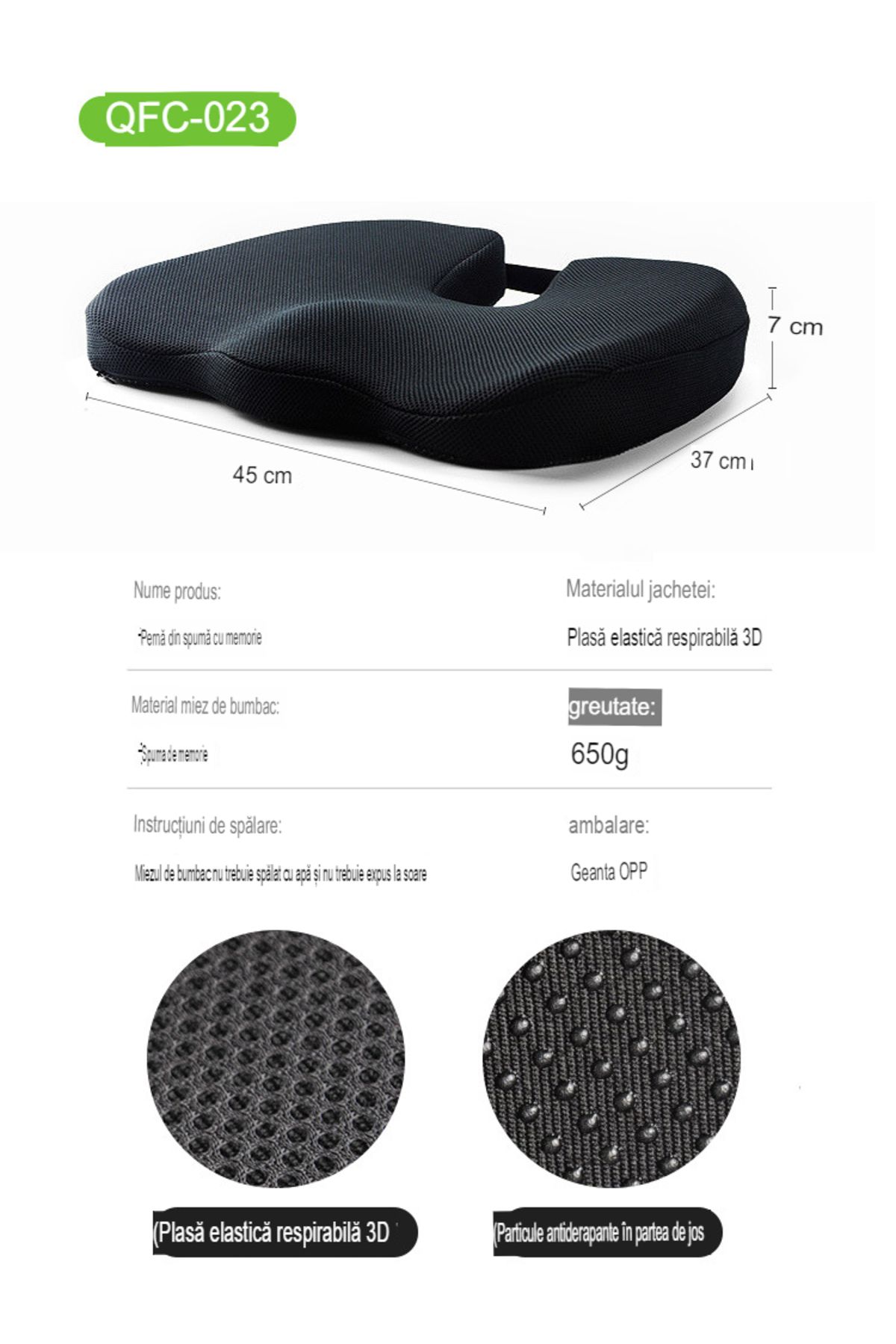 OEM-Perna ortopedica pentru sezut din spuma cu memorie 3D QFC023 Arvada ErgoSupport, dimensiuni 45x35x7 10