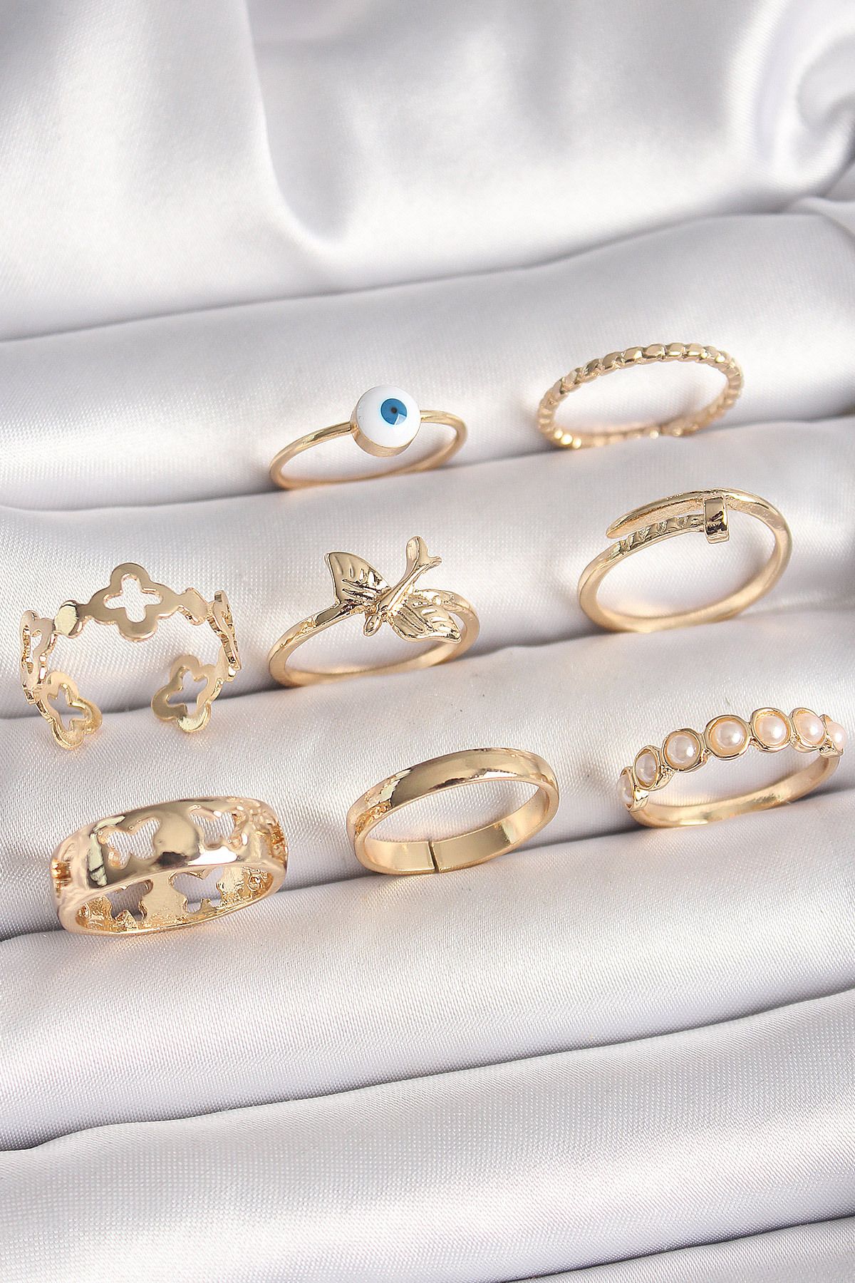 feifei Pirinç Gold Renk Nazar Boncuk Model Kuş Detay Kadın Yüzük Kombini - Lisinya