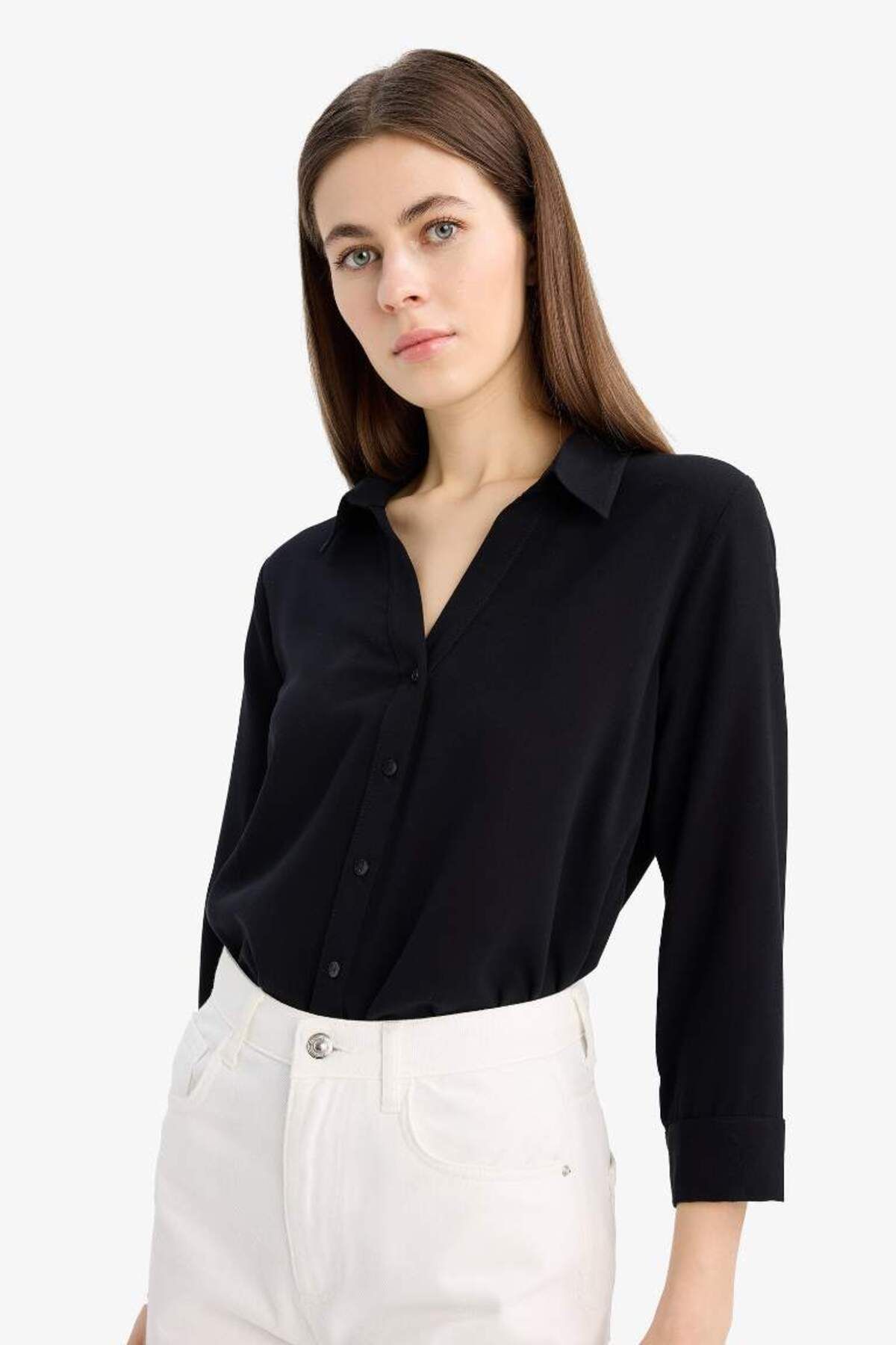 DeFacto-Regular Fit Basic Plain Langarm Schwarzes Hemd K4655az25sp 4