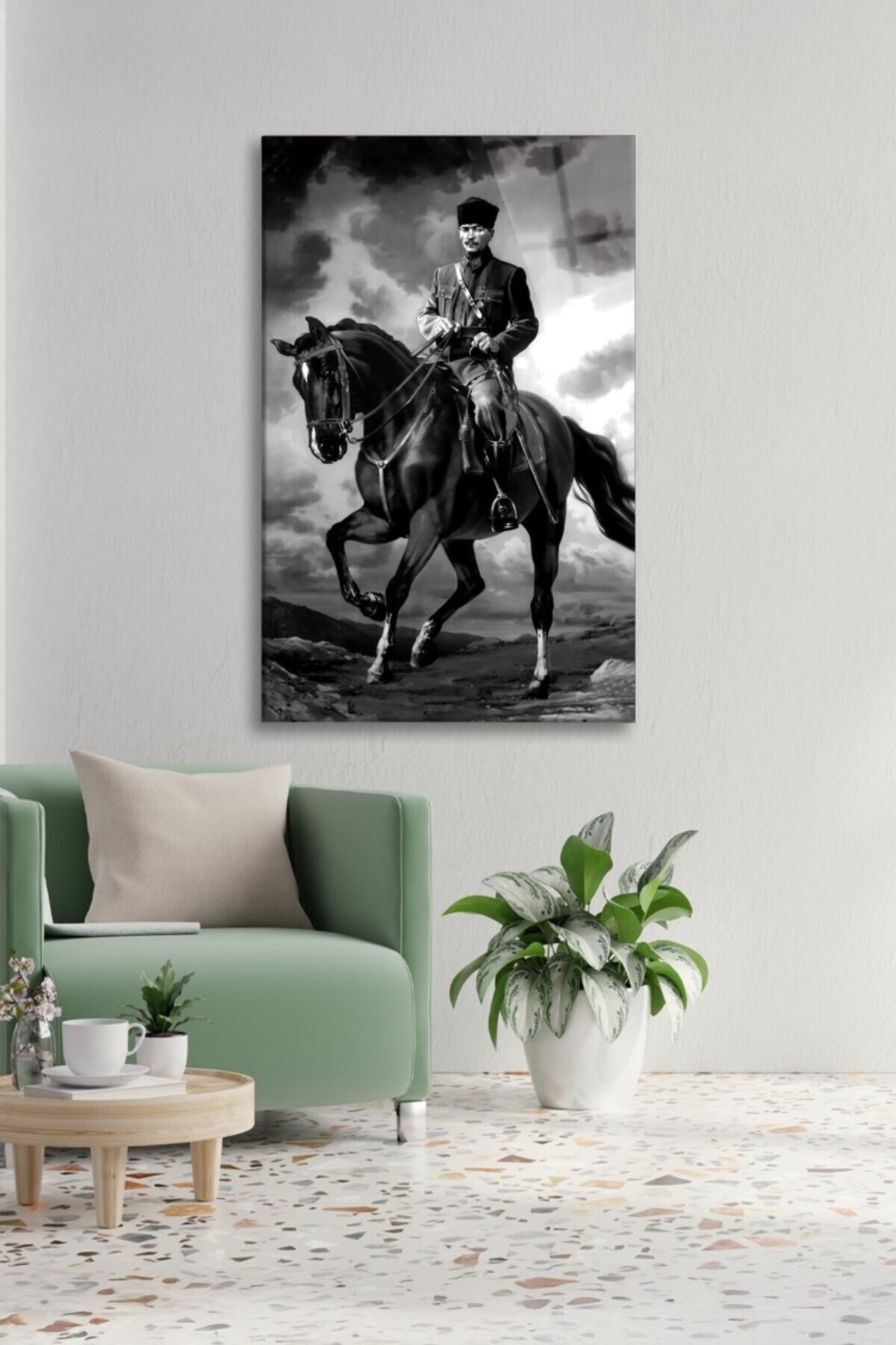 Atatürk At Üzerinde Siyah Beyaz Duvar Dekorasyonu Dikey Cam Tablo görsel 2