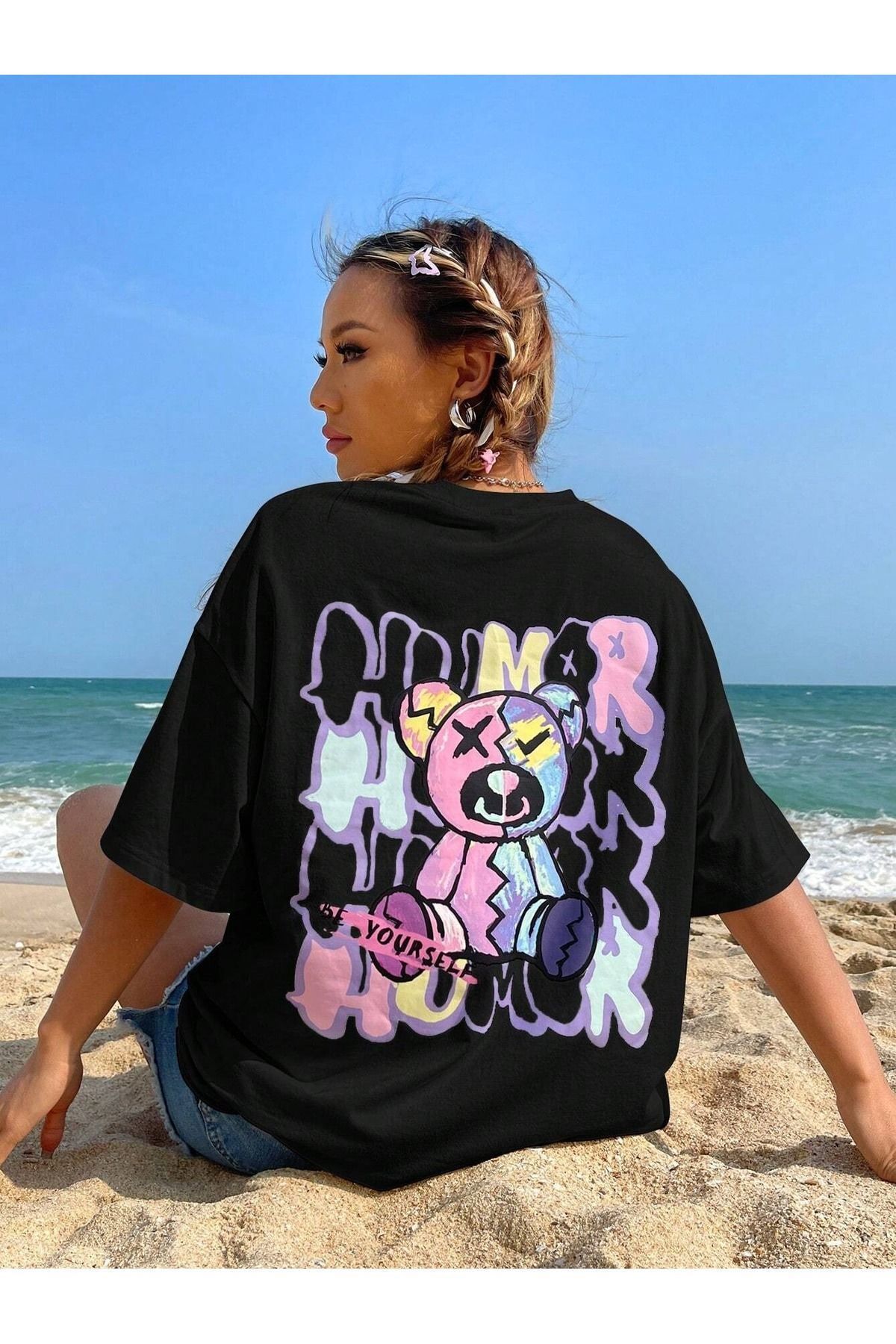 DUBU BUTİK-Humor Bear Single Jersey T-Shirt - Black Printed Oversize Crew Neck T-Shirt 1