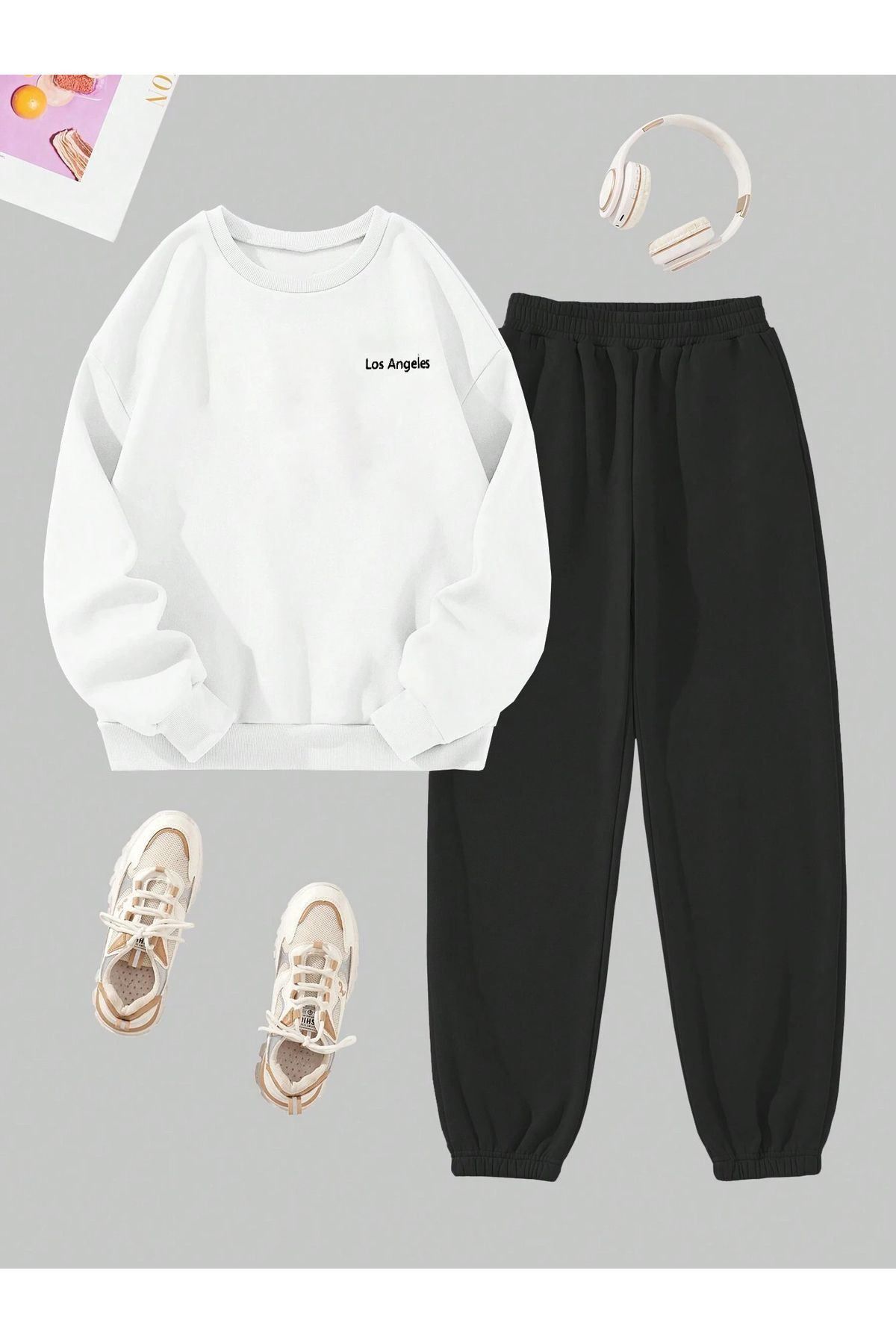 Sweetline-L.A Mini Φούτερ Φούτερ Jogger - Oversize Μαύρο-Λευκό 1