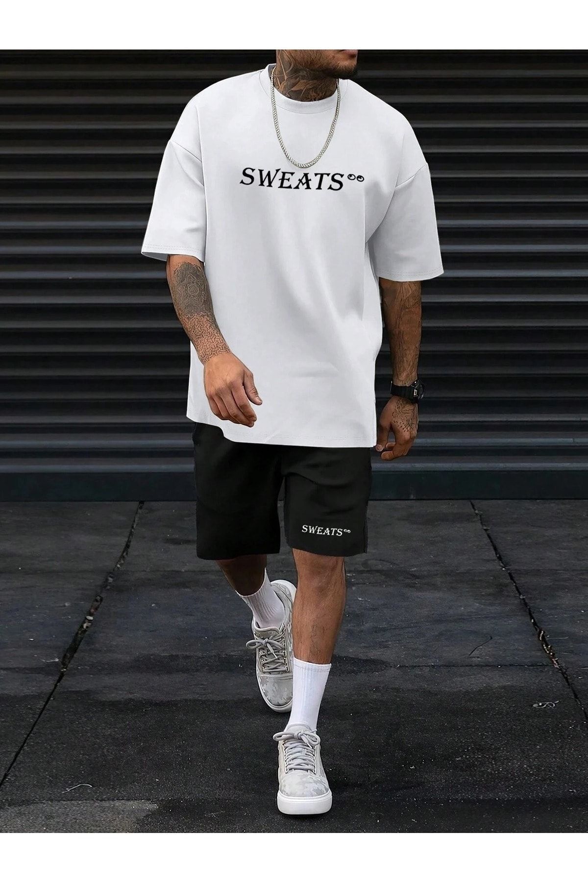 Trendglow Sweats Yazılı T-shirt Şort - Beyaz Siyah Şortlu Tişört Alt Üst Takım Baskılı Oversize Bisiklet Yaka