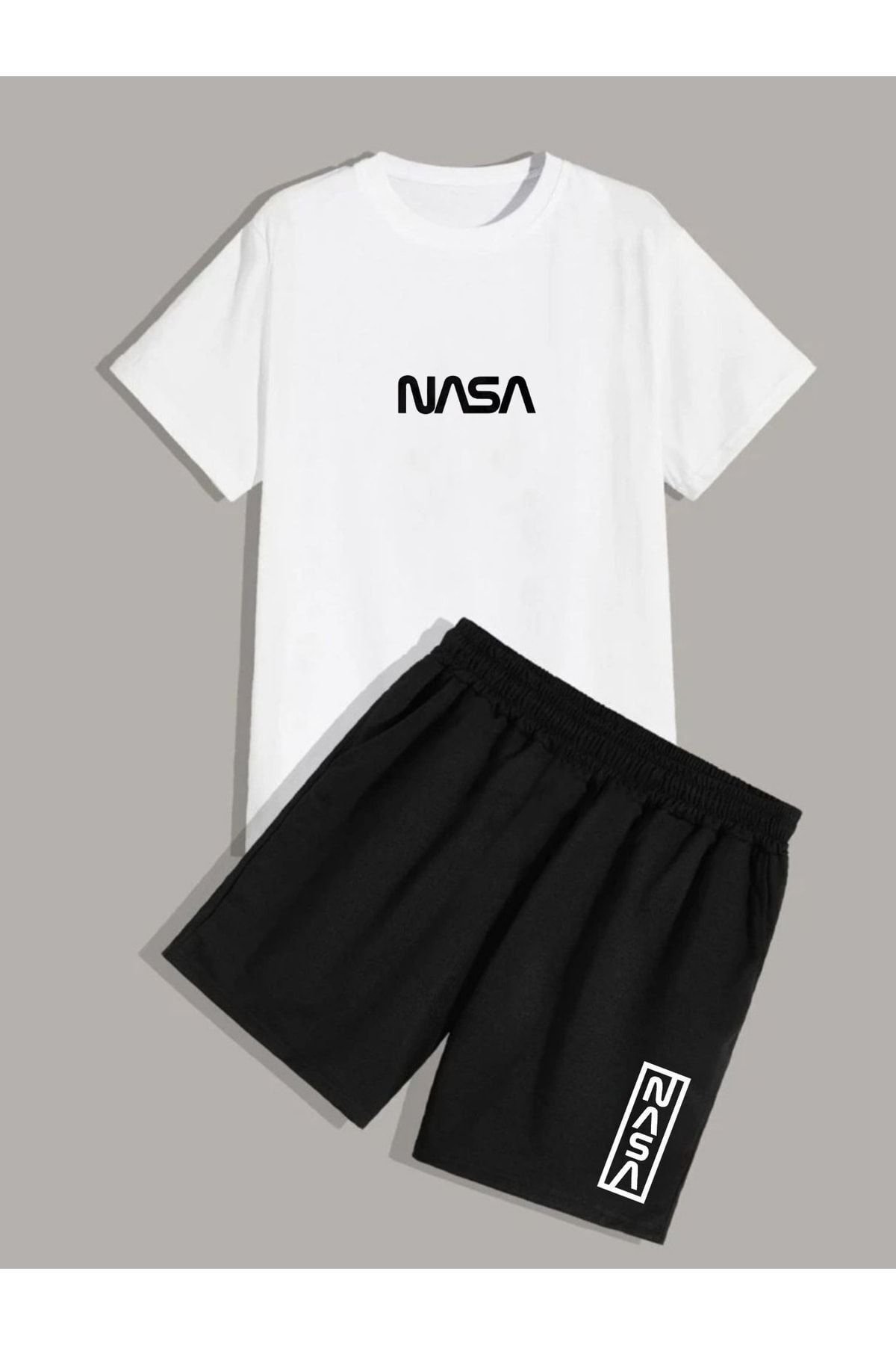 Trendglow Nasa Beyaz T-shirt Siyah Şort - Şortlu Tişört Alt Üst Takım Baskılı Oversize Bisiklet Yaka