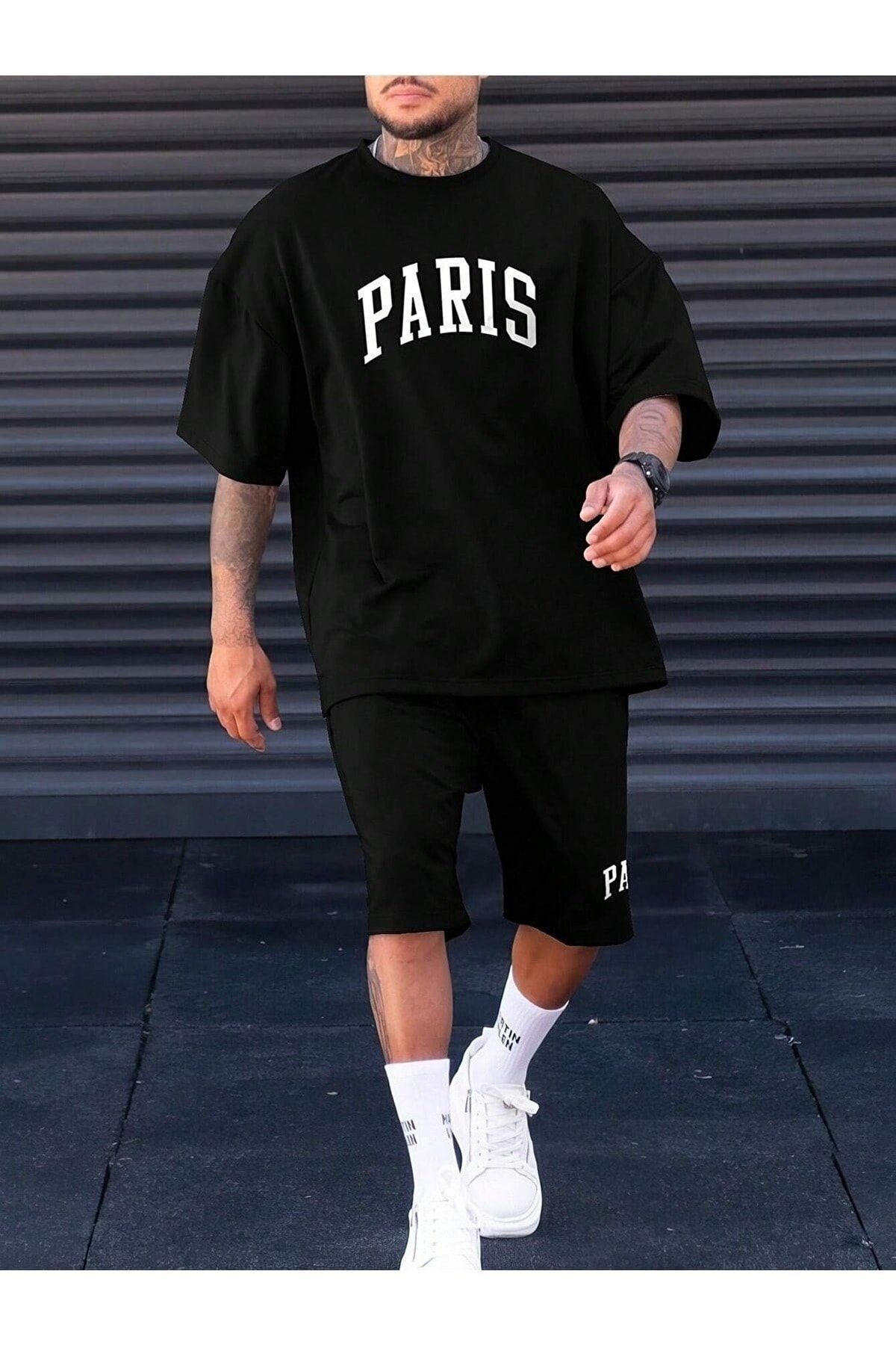 Trendglow Paris T-Shirt Şort - Siyah Şortlu Tişört Alt Üst Takım Baskılı Oversize Bisiklet Yaka