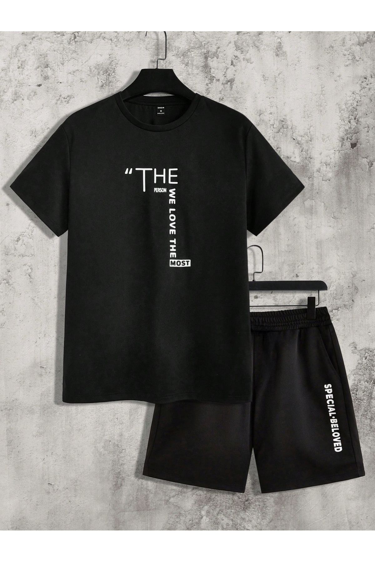Trendglow The Person T-Shirt Penye Şort - Siyah Alt Üst Takım Baskılı Oversize Bisiklet Yaka