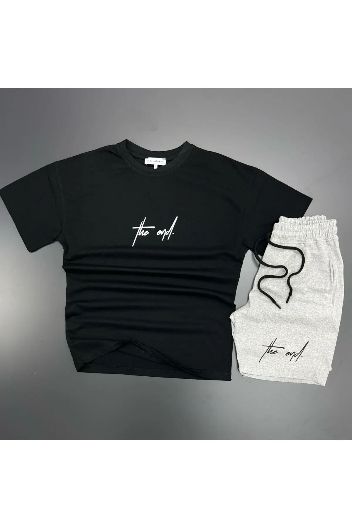 Trendglow The End Siyah T-shirt Gri Penye Şort - Şort Tişört Alt Üst Takım Baskılı Oversize Bisiklet Yaka