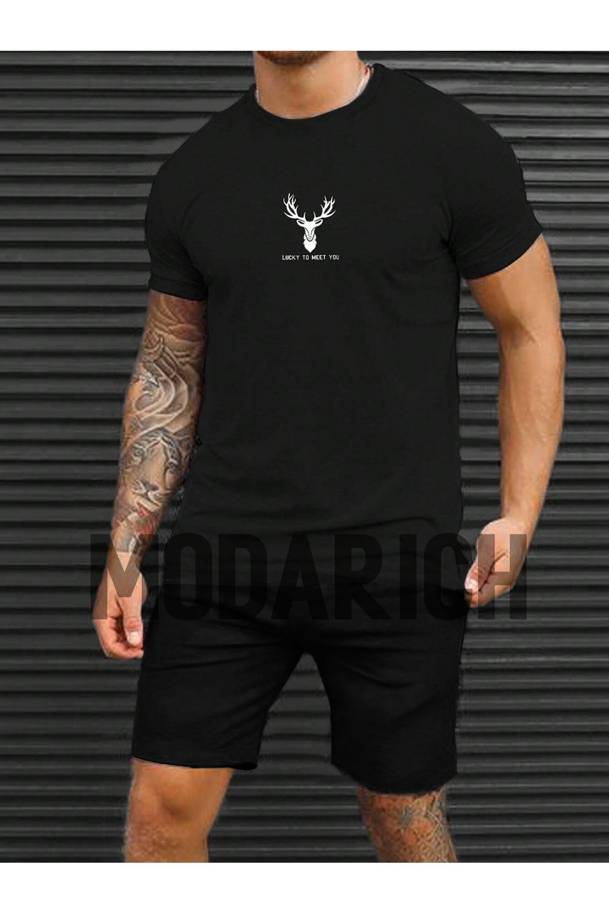 Mythologie Lucky Geyik Boynuz T-Shirt Şort - Siyah Şortlu Tişört Alt Üst Takım Baskılı Bisiklet Yaka