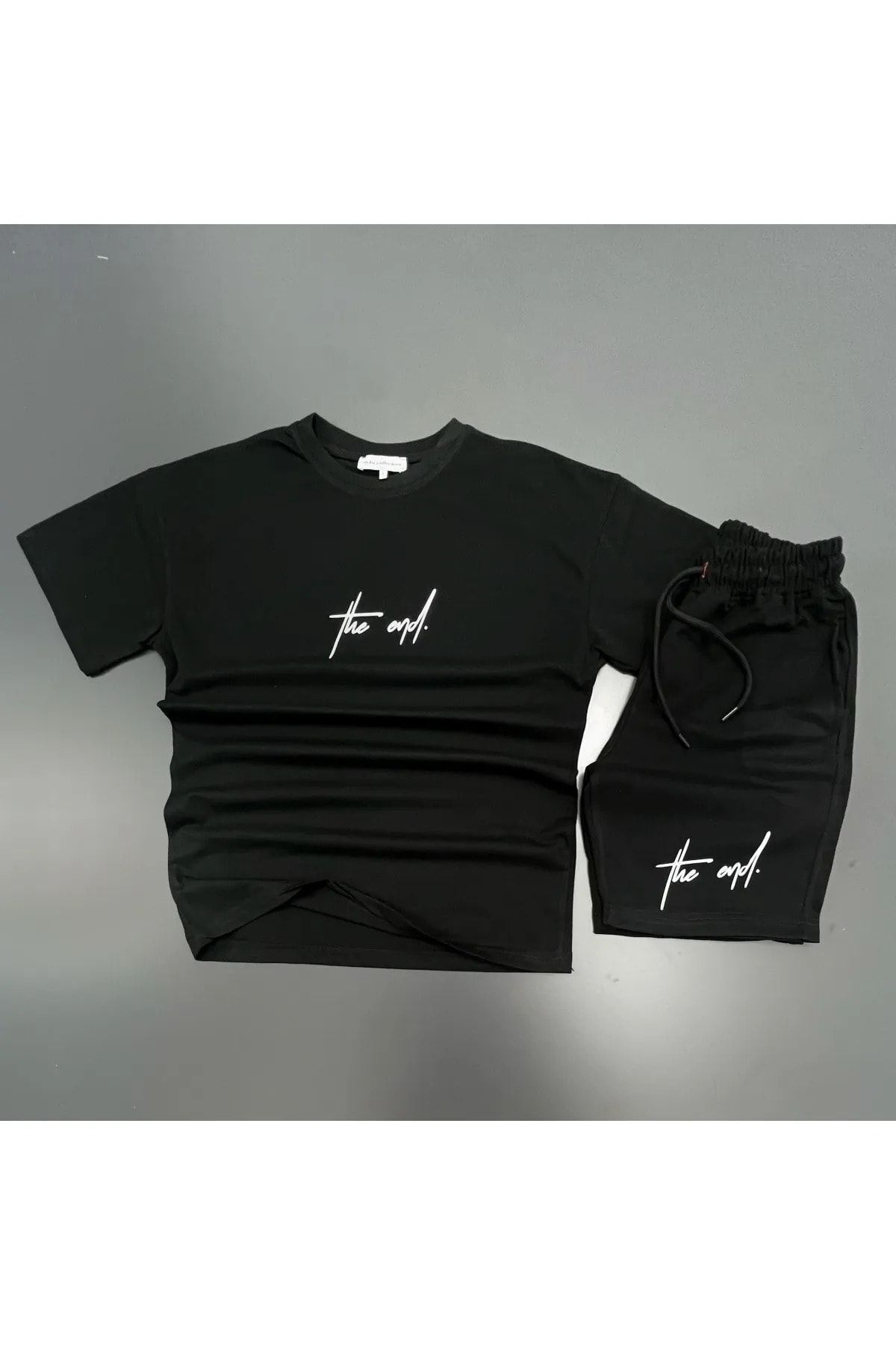 Mythologie The End T-shirt Penye Şort - Siyah Şort Tişört Alt Üst Takım Baskılı Oversize Bisiklet Yaka