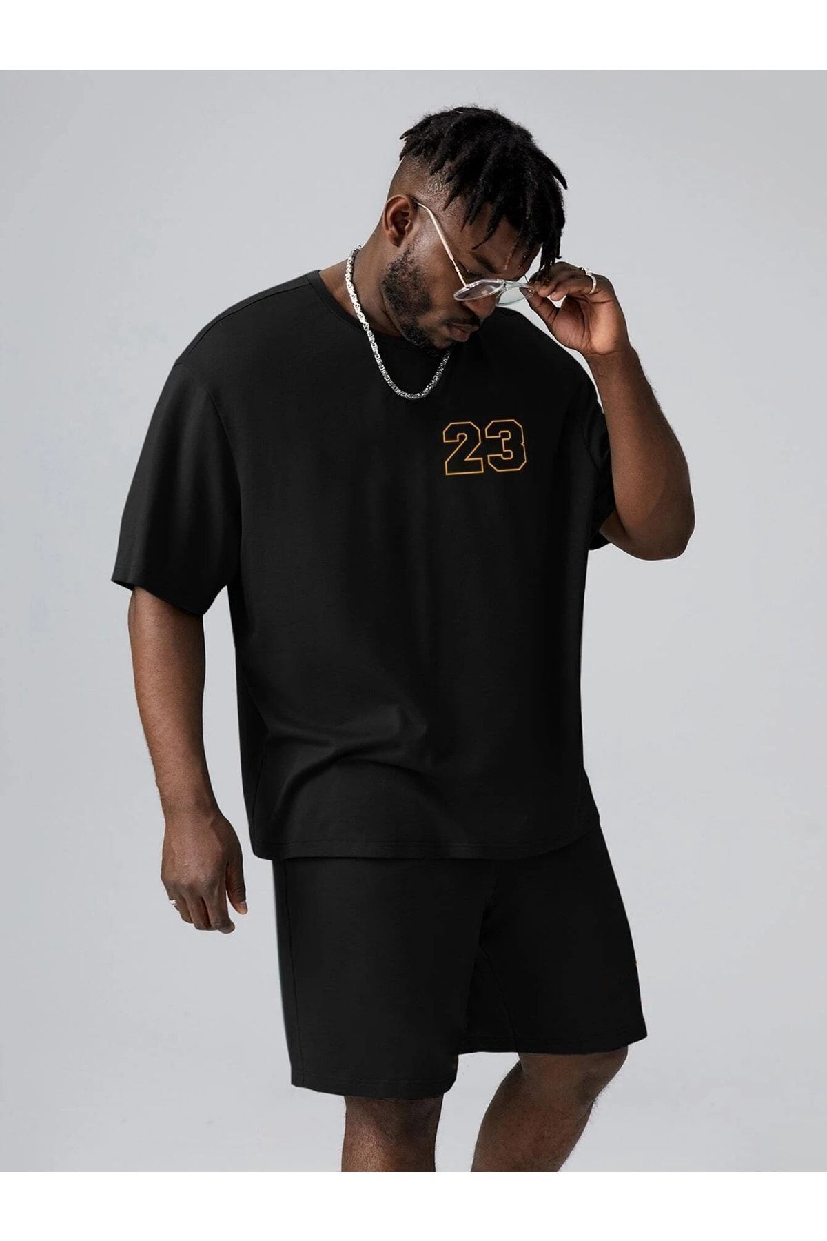 Mythologie 23 Numara T-shirt Şort - Siyah Şortlu Tişört Alt Üst Takım Baskılı Oversize Bisiklet Yaka